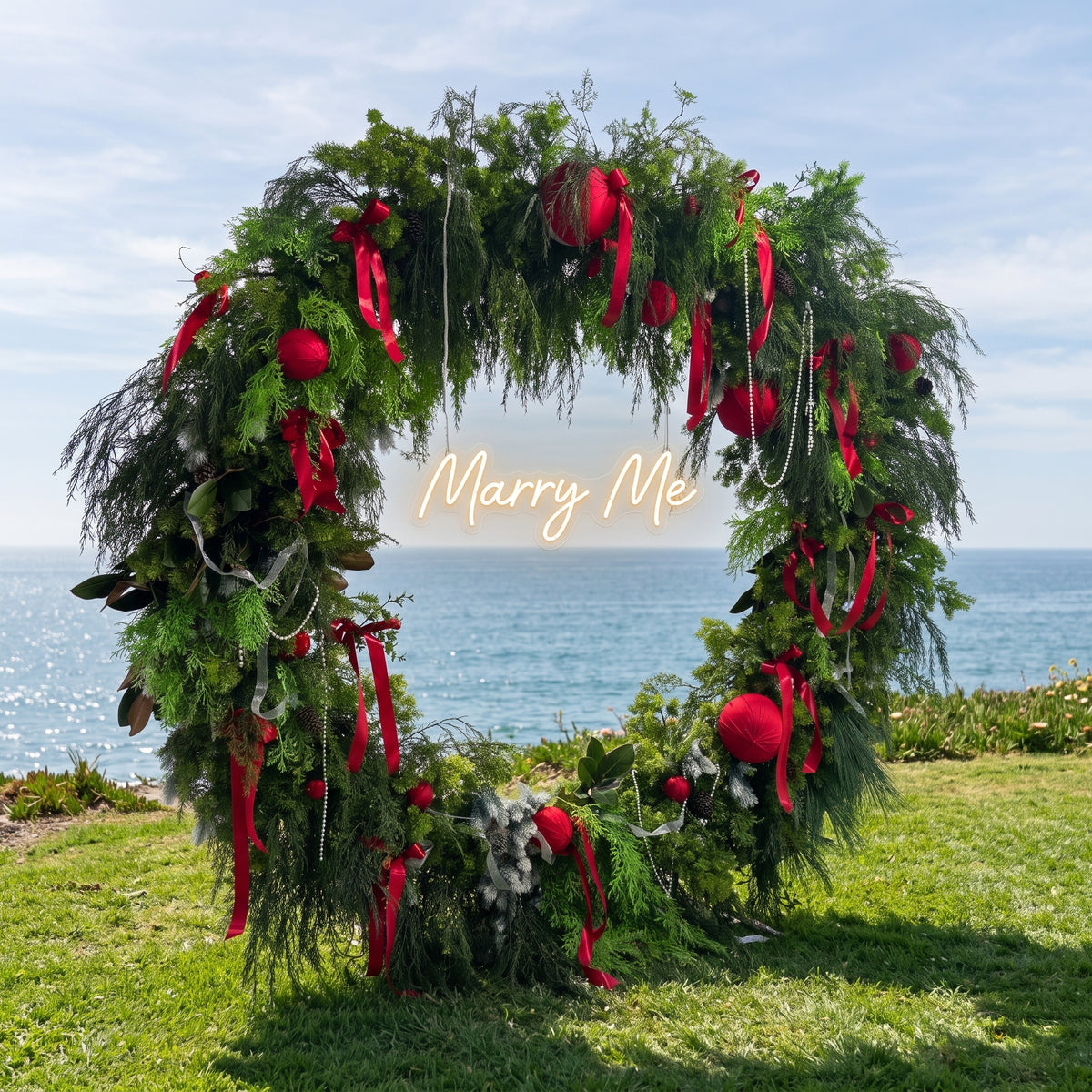 ValarFlower Christmas Greenery Wreath Arch, Red Ornament Holiday Floral Decor for Christmas Party and Event Styling VA-417