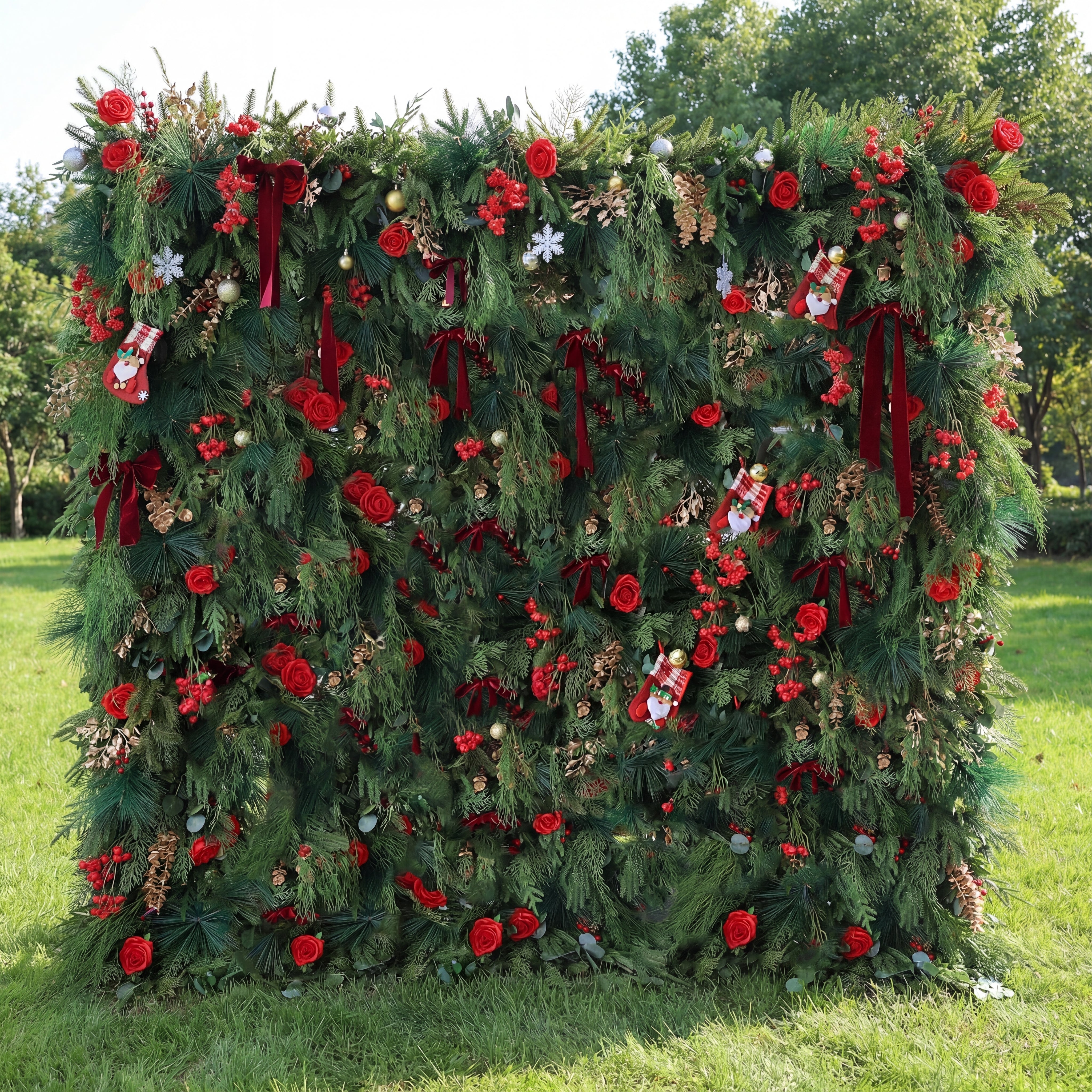 Valar Flower Christmas Themed Floral Wall Backdrop: Festive Evergreen & Red Rose Masterpiece for Holiday Events & Decor-VF-491-2