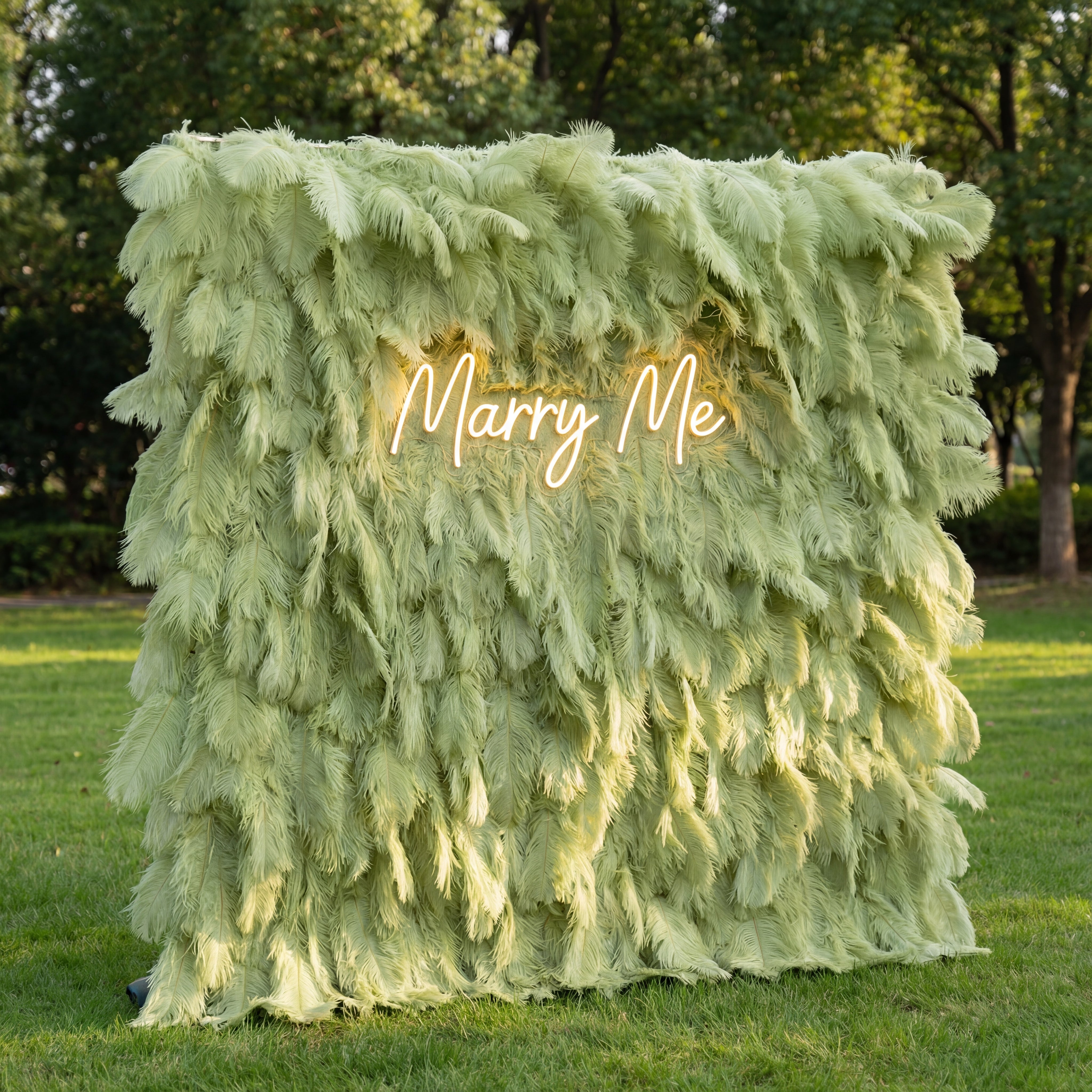 Green feathered backdrop with 'Marry Me' text on a grassy outdoor setting