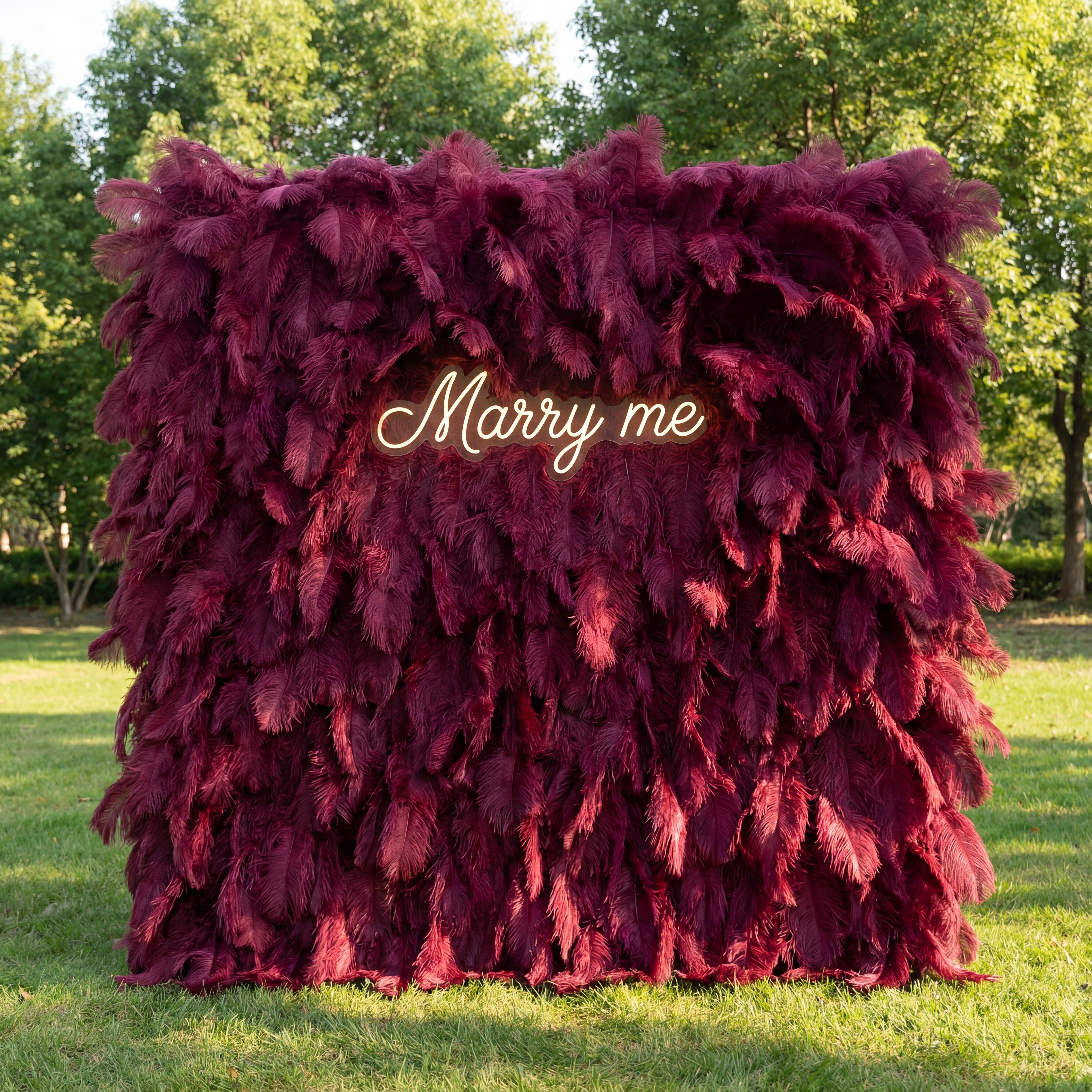 Burgundy Red Ostrich Feather Wall Backdrop - Roll-Up Fabric Wall - Bridal Party Decor - Wedding Venues Celebration Floral Wall-VF-964-5