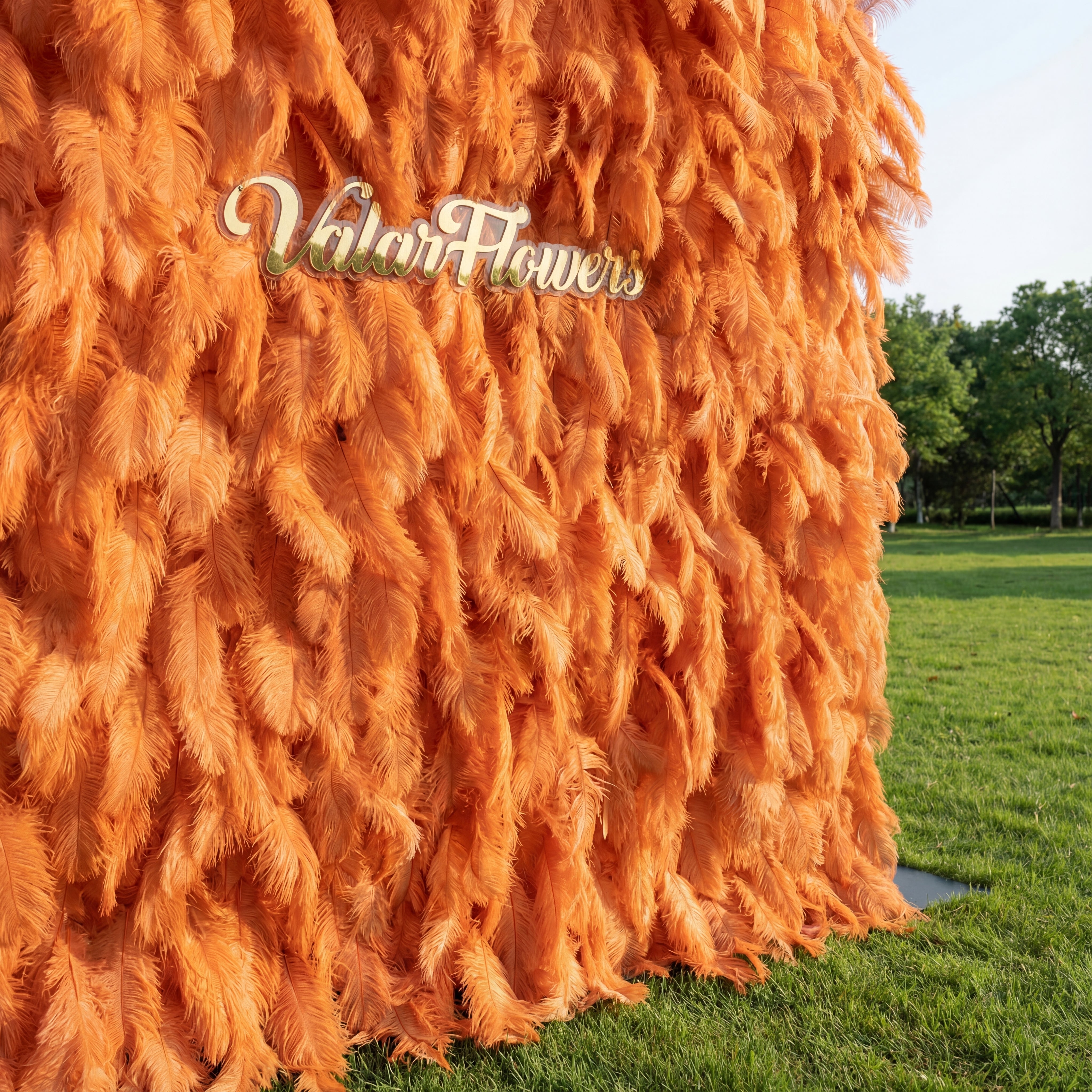 Orange Theme Ostrich Feather Wall Backdrop - Roll-Up Fabric Wall - Bridal Party Decor - Wedding Venues Celebration Floral Wall-VF-964-6