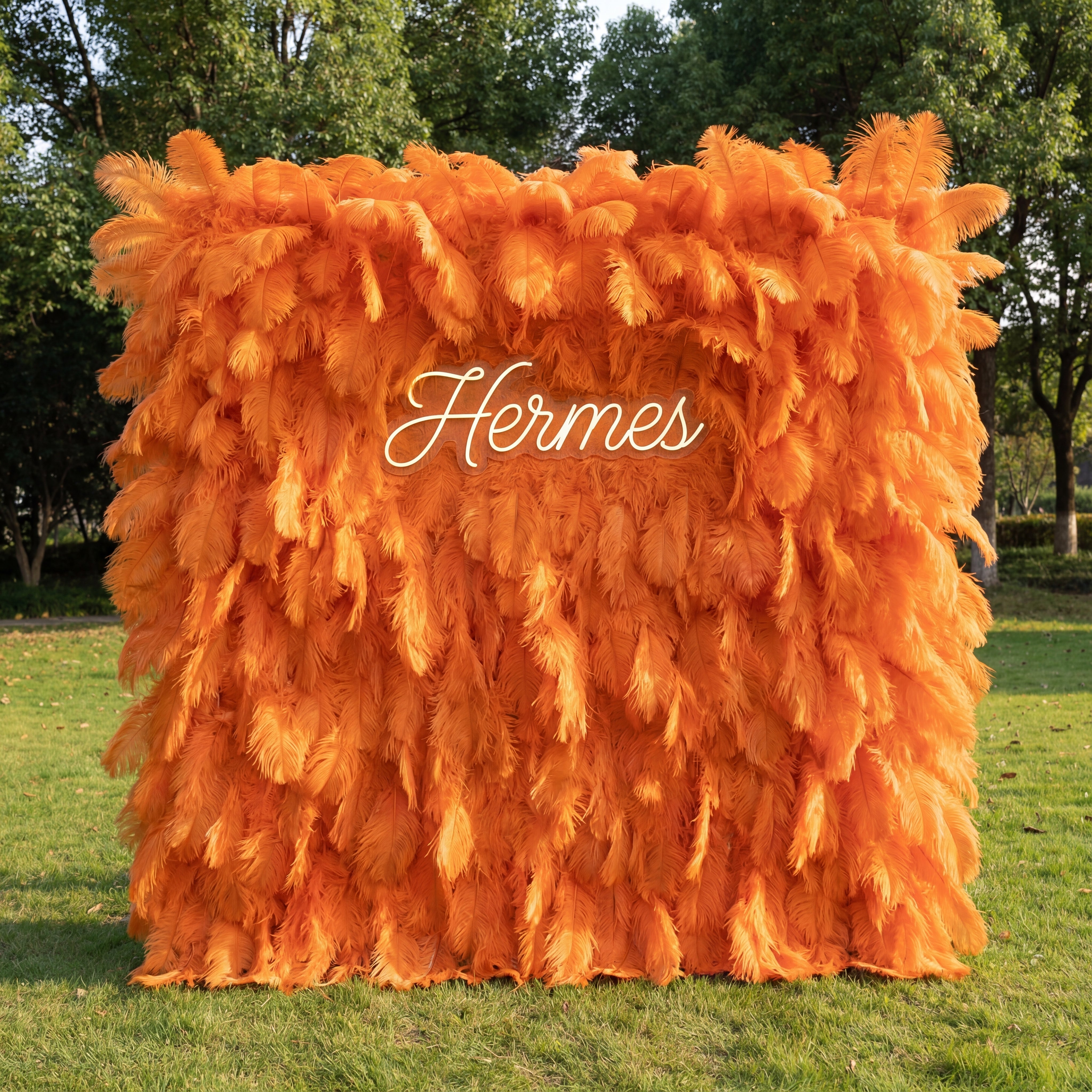 Orange Theme Ostrich Feather Wall Backdrop - Roll-Up Fabric Wall - Bridal Party Decor - Wedding Venues Celebration Floral Wall-VF-964-6