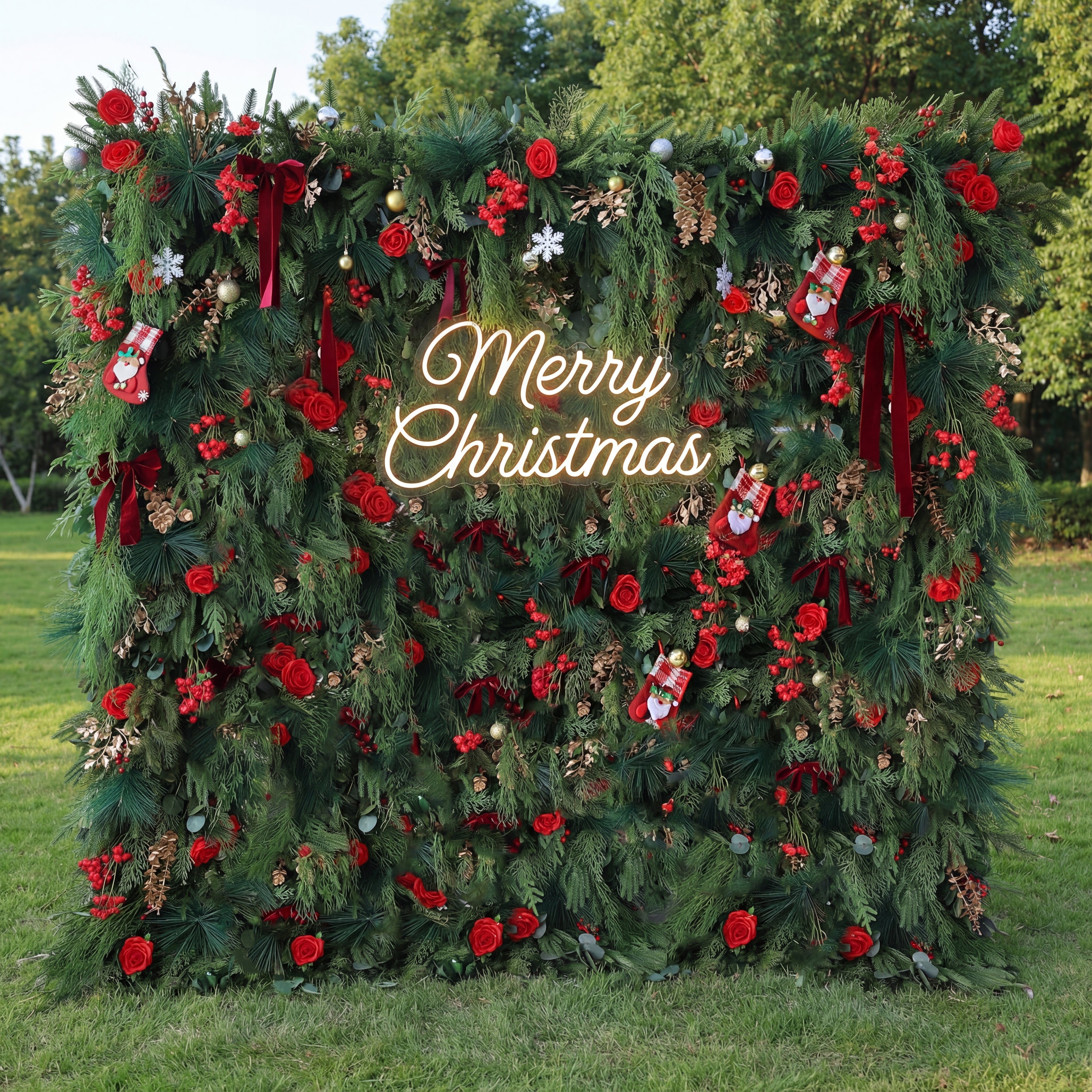 Valar Flower Christmas Themed Floral Wall Backdrop: Festive Evergreen & Red Rose Masterpiece for Holiday Events & Decor-VF-491-2