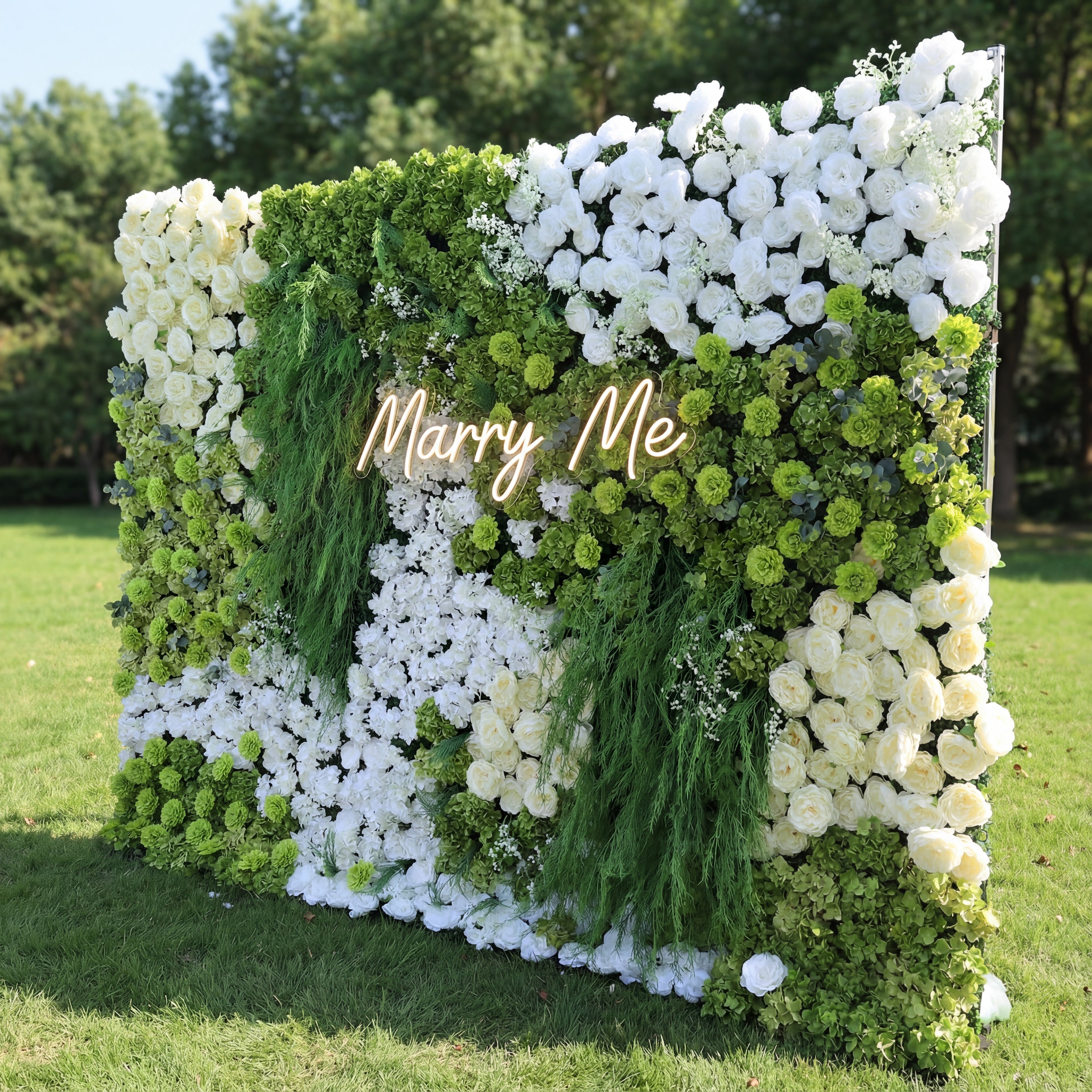 ValarFlower Lush Green & Crisp White Floral Extravaganza Wall: A Nature - Inspired, Serene Masterpiece for Elegant Celebrations VF-618