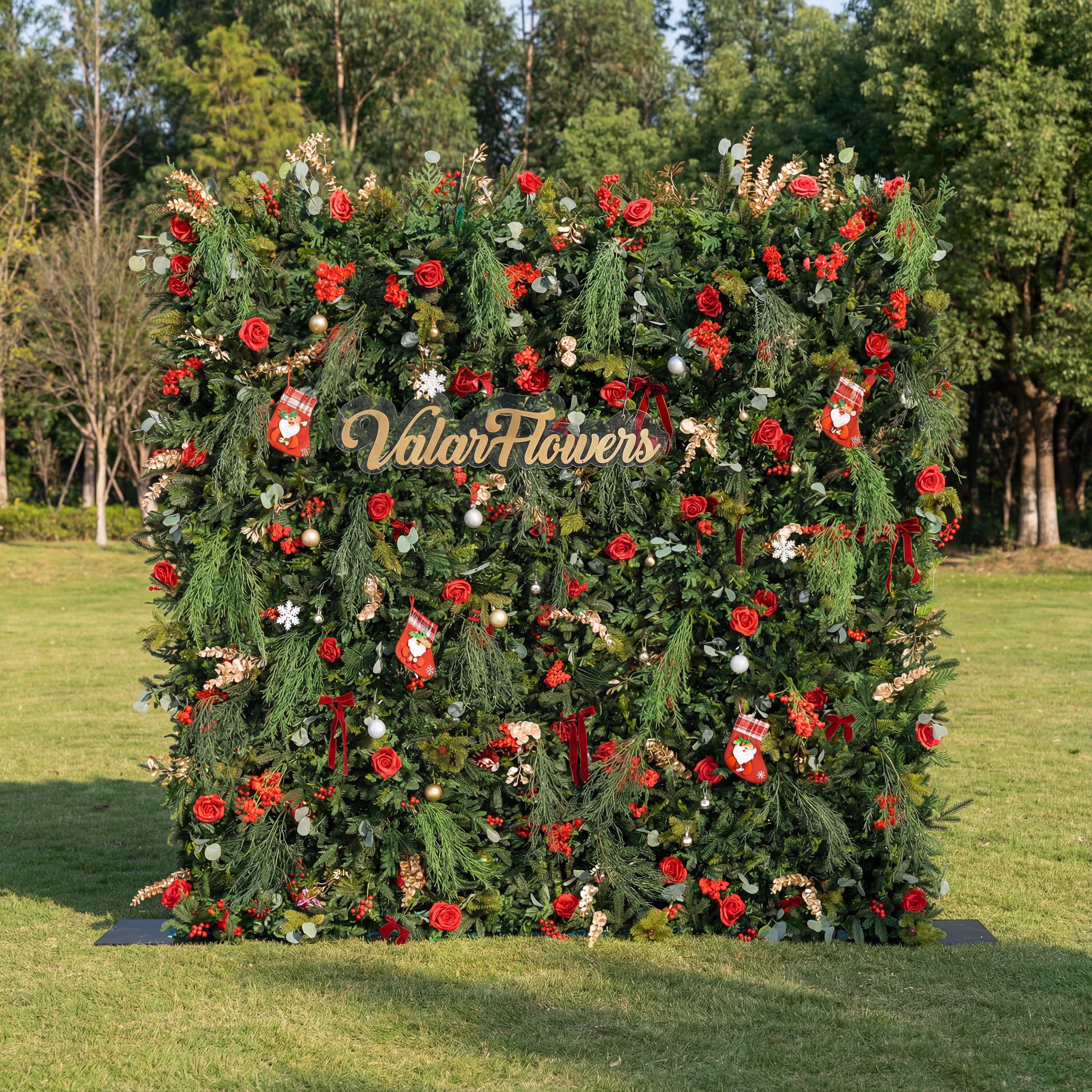 Valar Flower Christmas Themed Floral Wall Backdrop: Festive Evergreen & Red Rose Masterpiece for Holiday Events & Decor-VF-491-2