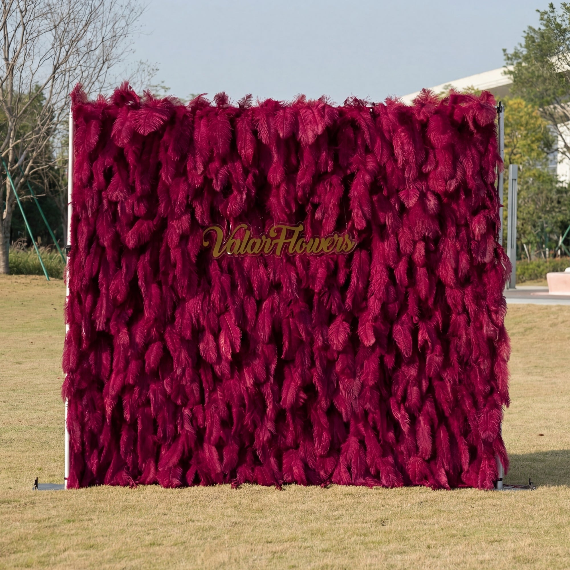 Burgundy Red Ostrich Feather Wall Backdrop - Roll-Up Fabric Wall - Bridal Party Decor - Wedding Venues Celebration Floral Wall-VF-964-5