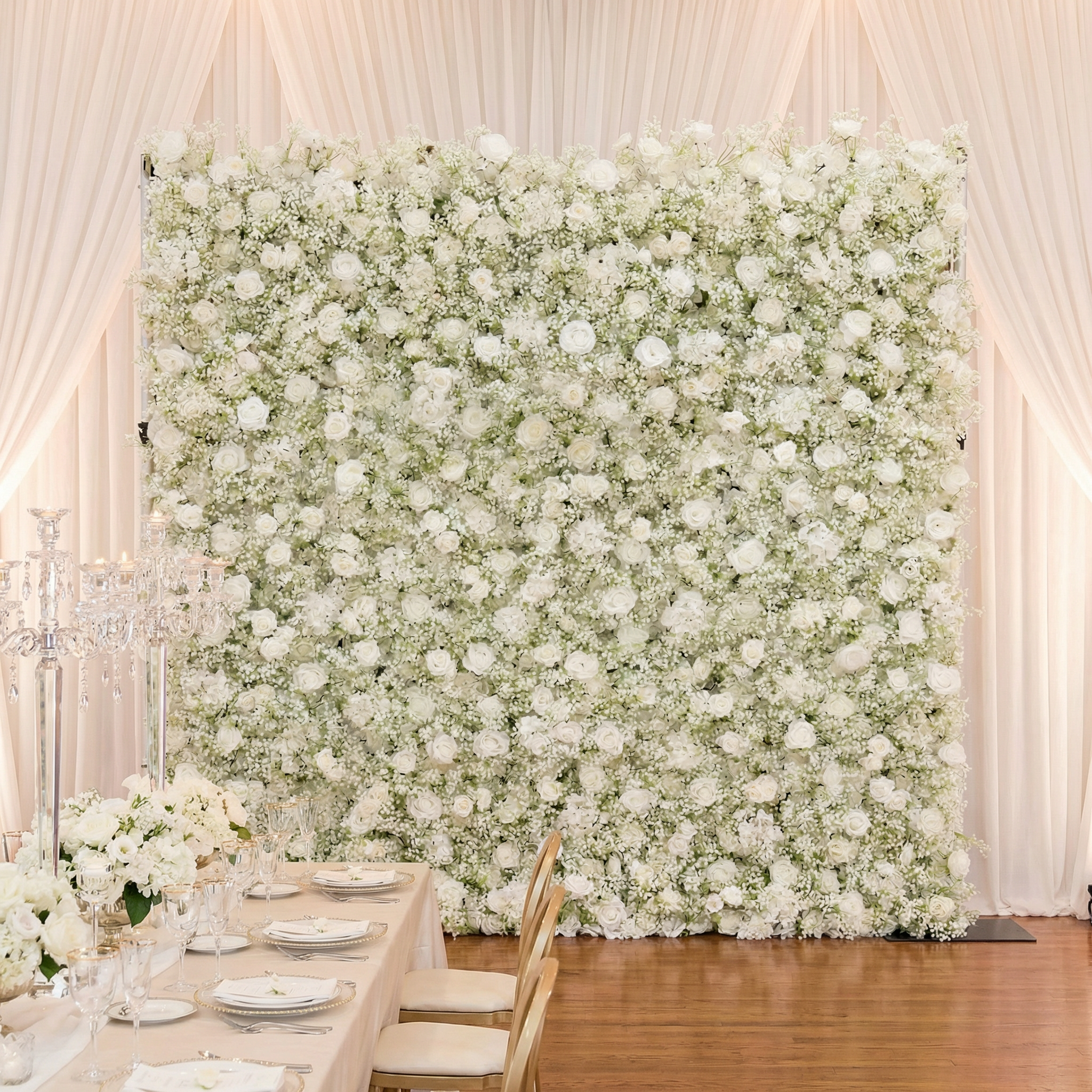Valar Flower Artificial Floral Wall Backdrop: Serene Meadows Artificial Floral Wall Backdrop: White Rose & Baby's Breath Edition-VF-268-2