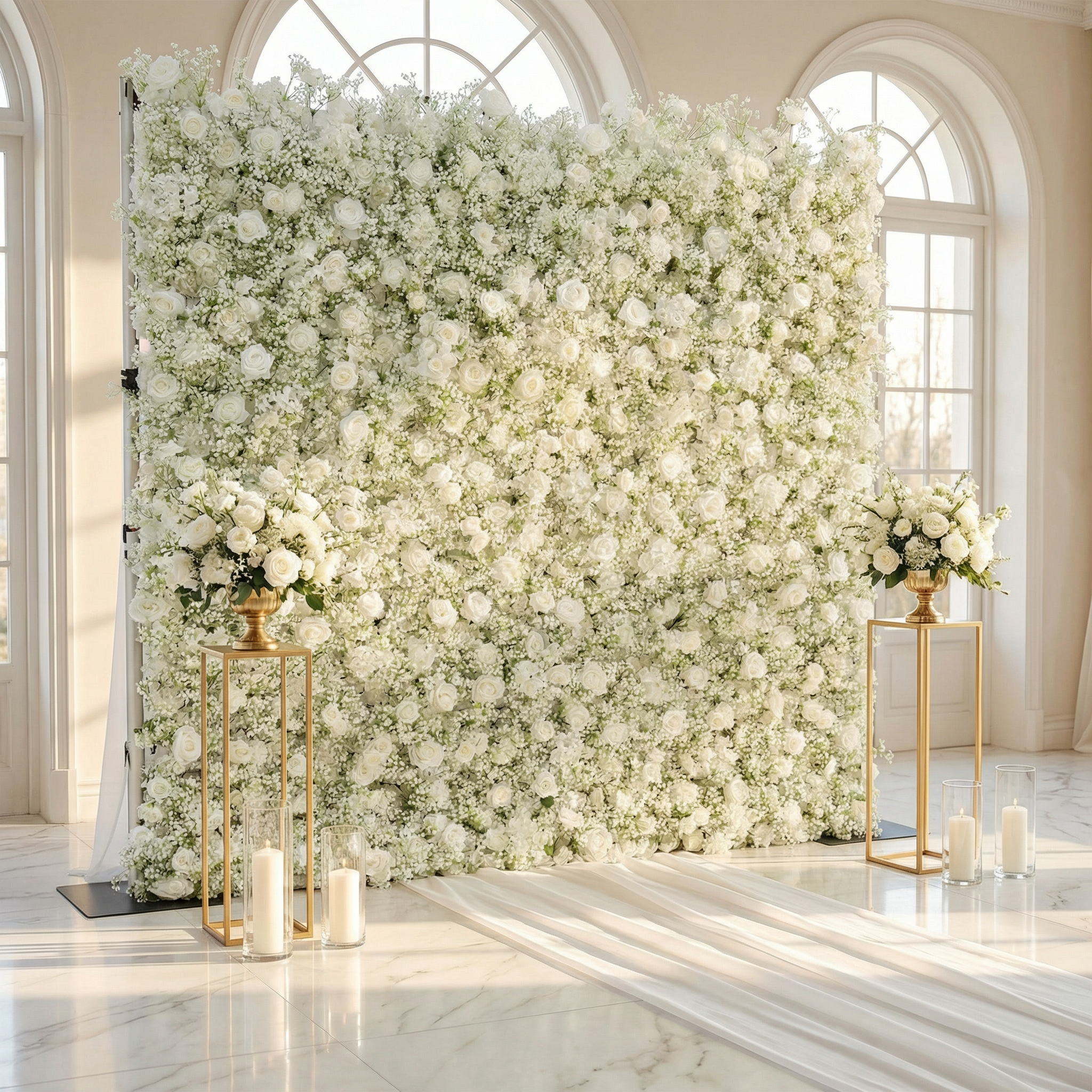 Valar Flower Artificial Floral Wall Backdrop: Serene Meadows Artificial Floral Wall Backdrop: White Rose & Baby's Breath Edition-VF-268-2
