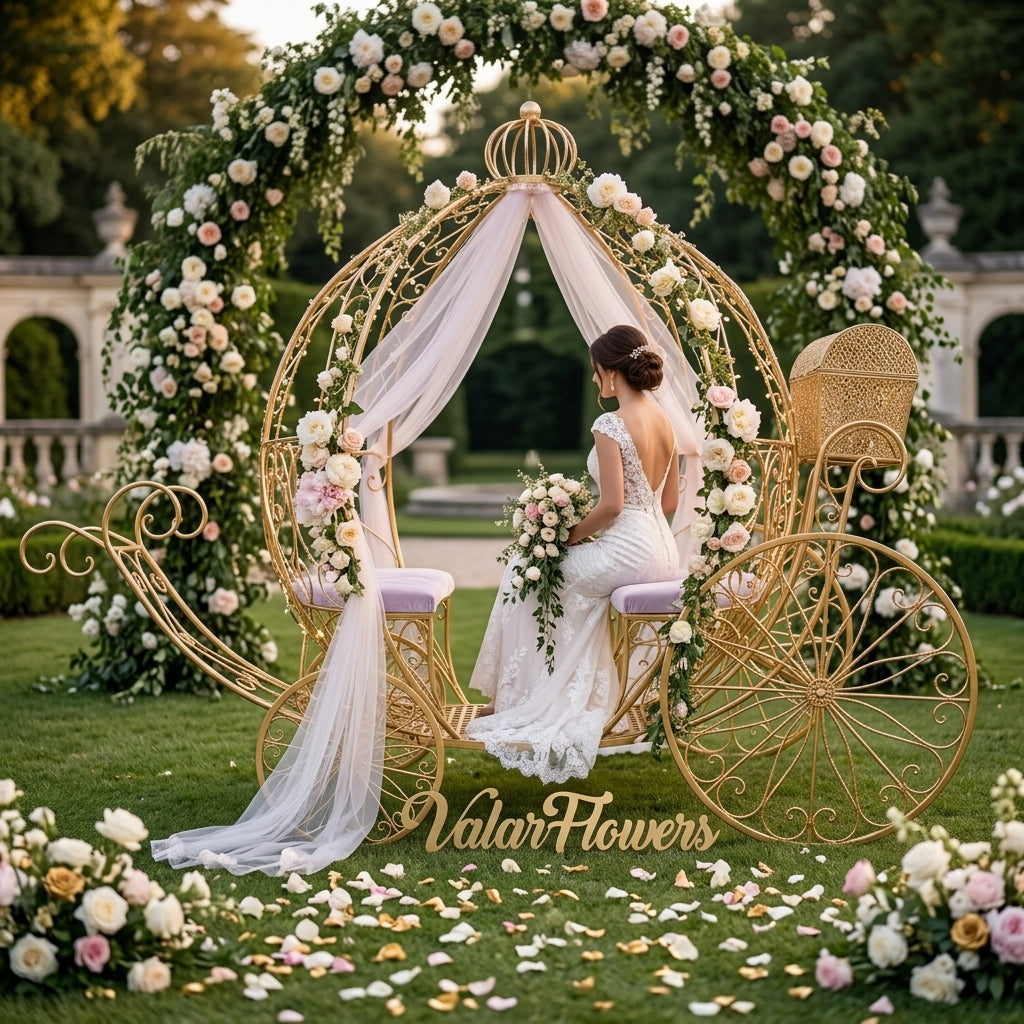 Bride sitting in a decorative carriage with floral decorations in an outdoor setting.