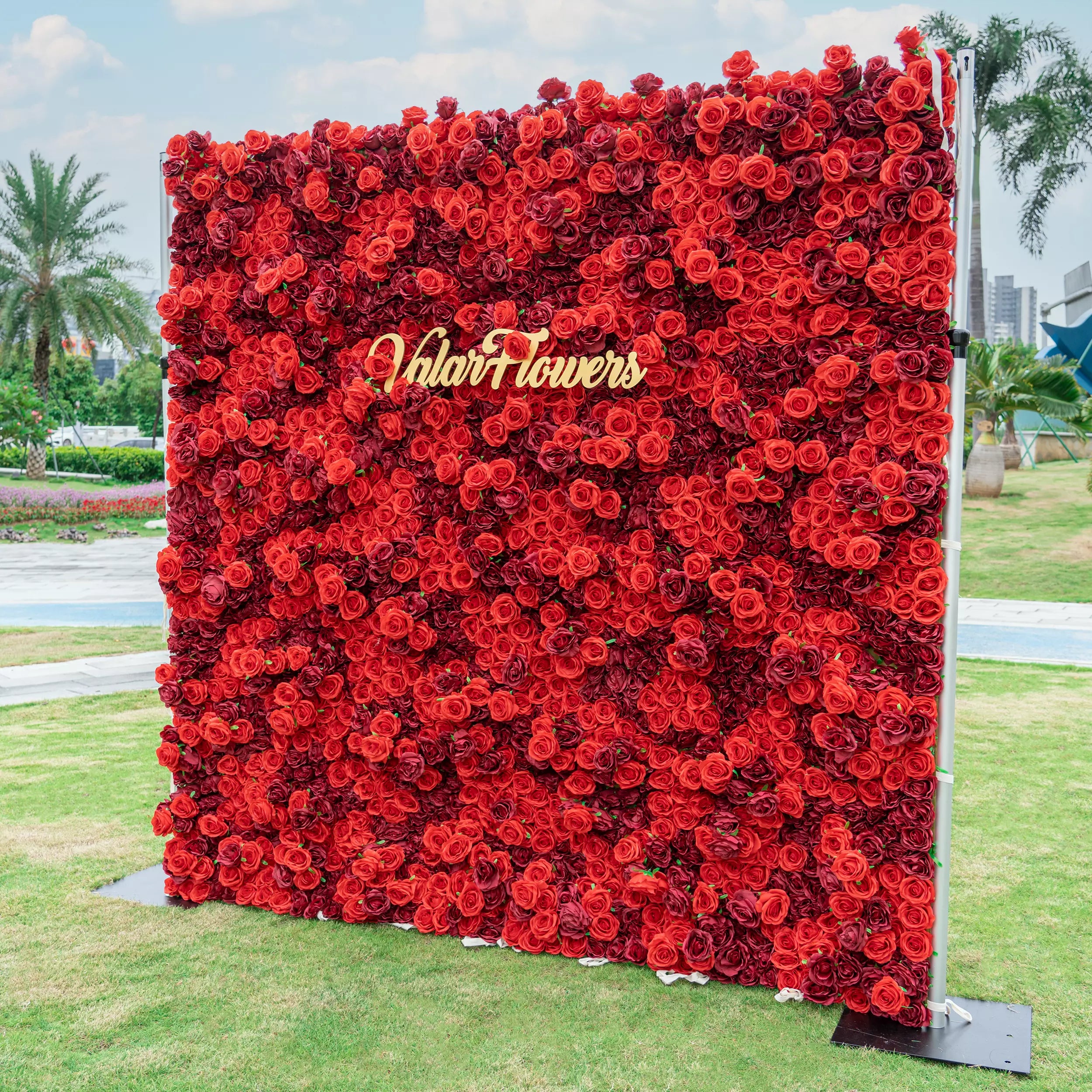 Ruby Rose Radiance: A mesmerizing display of lush, velvety red roses densely packed together, exuding passion and luxury. The golden "VlairFlowers" logo shines brilliantly, nestled among the blooms. Set in an urban park, this opulent floral wall becomes an urban oasis of beauty.