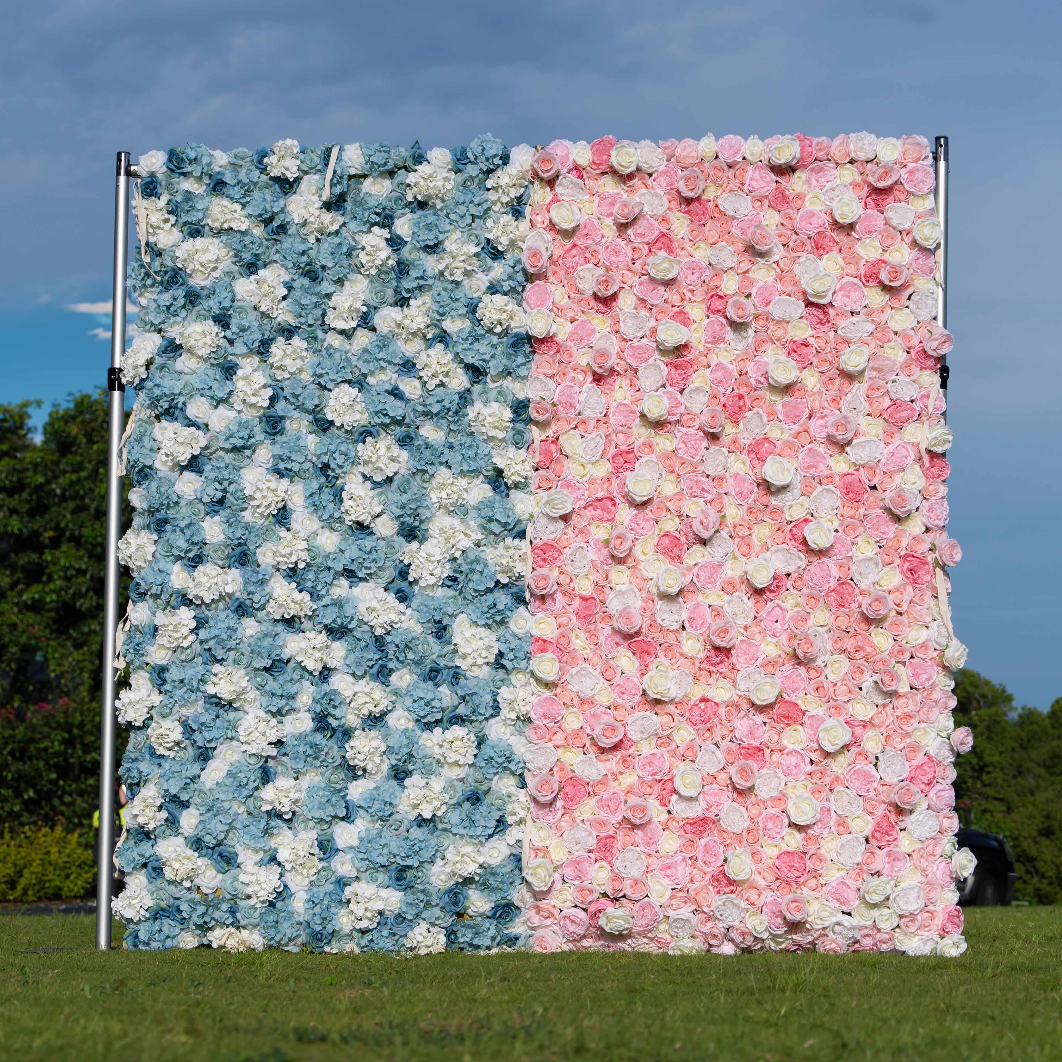 Baby Shower & Gender Reveal Party Flower Wall Backdrop - Blue & Pink Roll-Up Fabric Flower Decorations -Celebration Decor