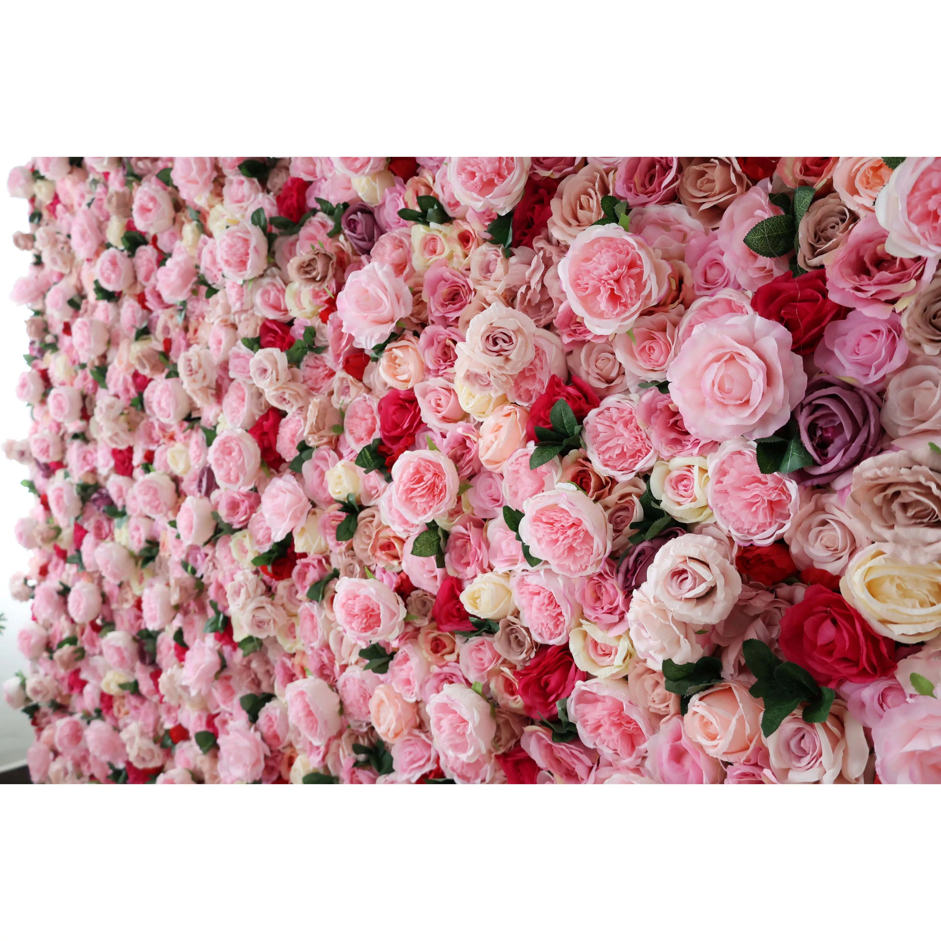 Valar Flowers Roll Up Fabric Mélange artificiel Rose Rouge et Rose Fleur Mur Toile de fond de mariage, Décor de fête florale, Photographie d’événement-VF-041 