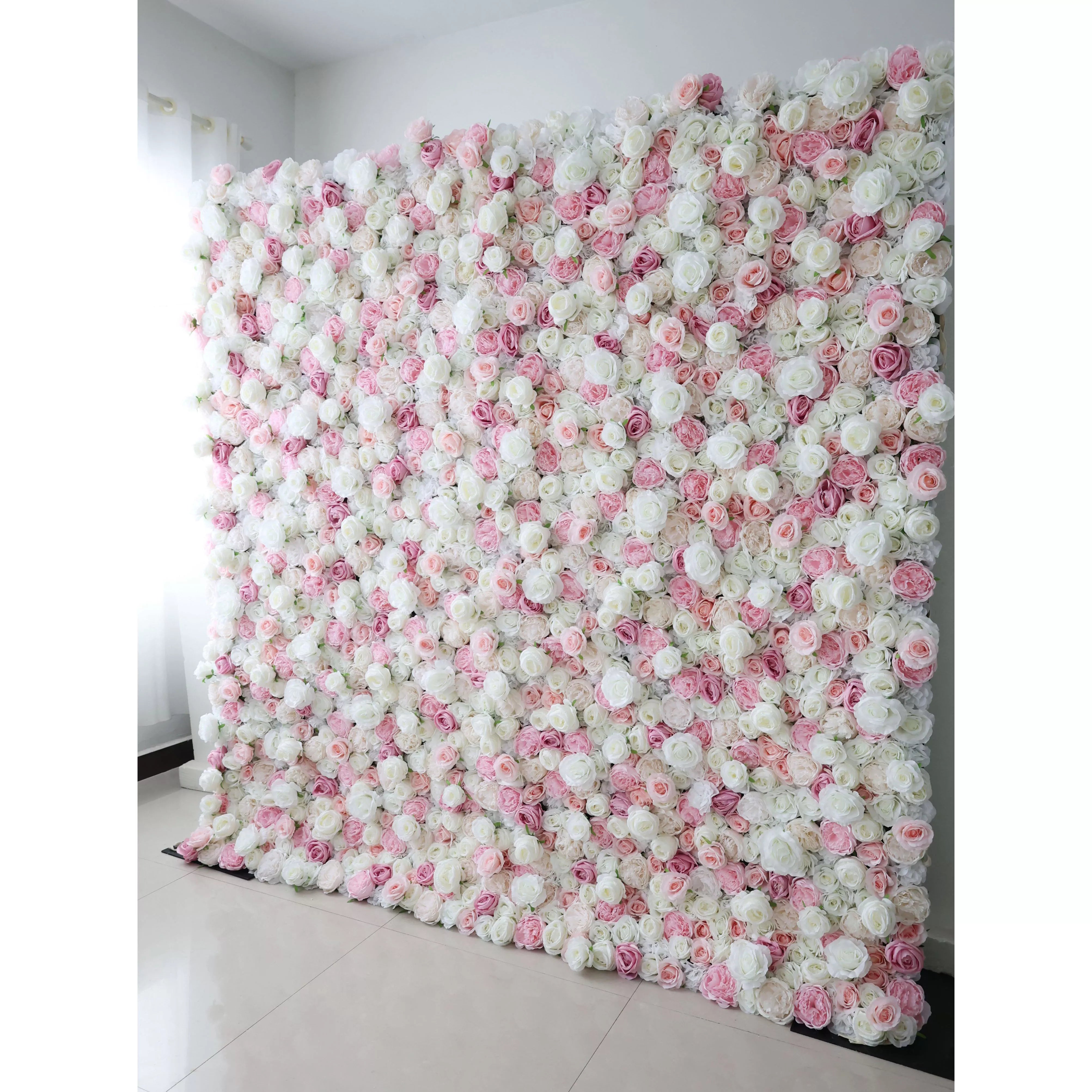 Valar Flowers Roll Up Fabric Artificial Pink and White Flower Wall Wedding Backdrop, Floral Party Decor, Event Photography-VF-058