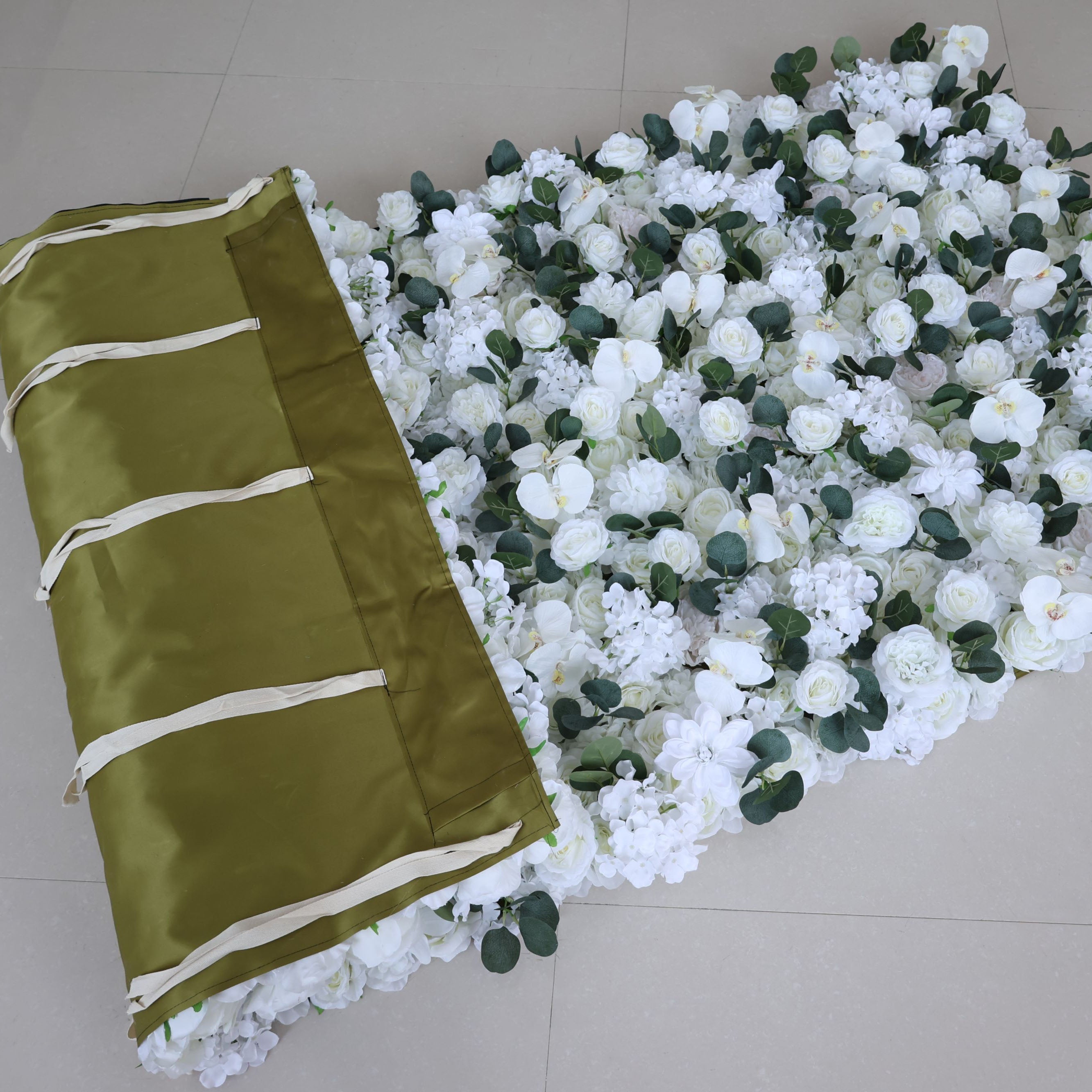 Valar Flowers roll up fabric artificial flower wall for wedding backdrop, floral party decor, and event photography, model VF-3790