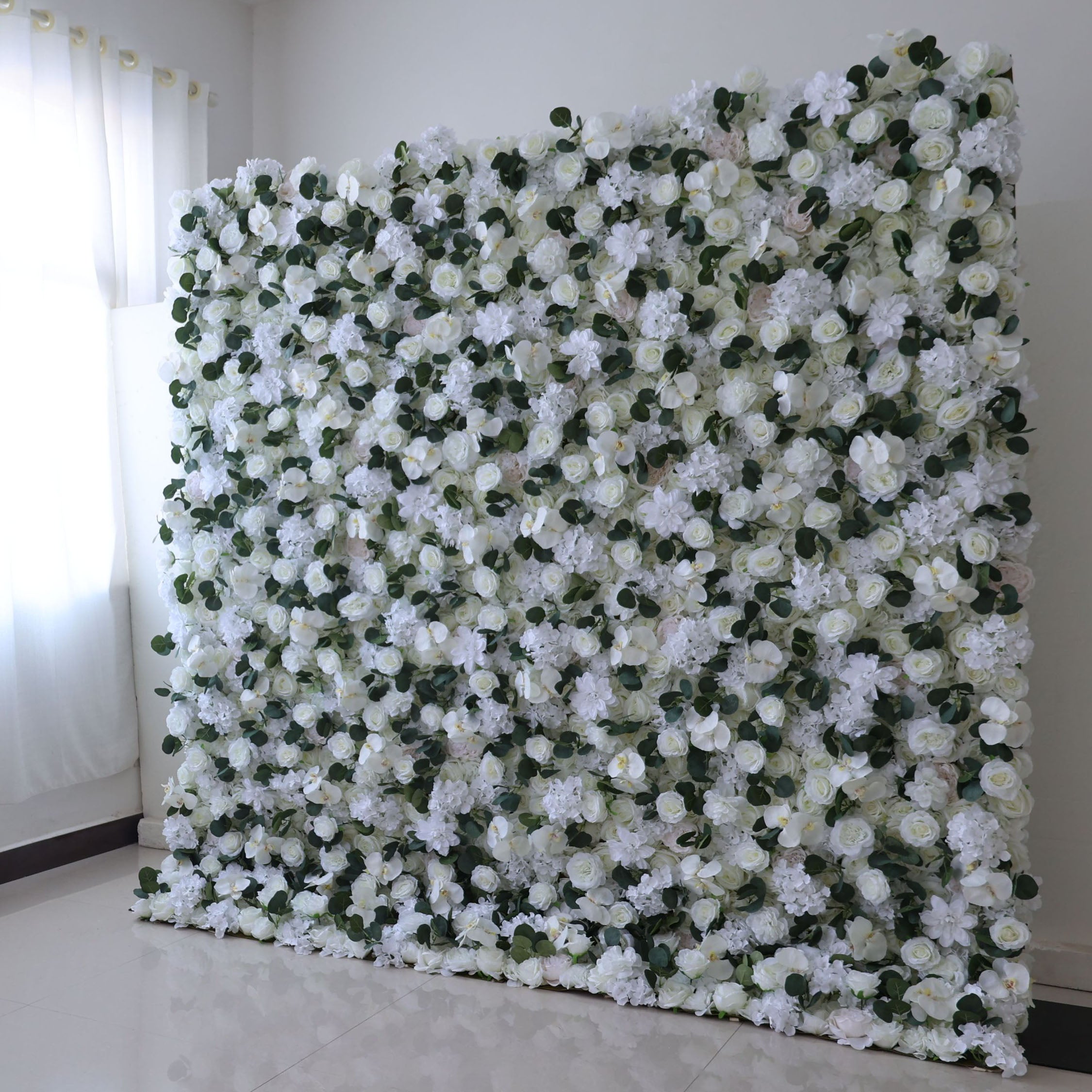 Valar Flowers roll up fabric artificial flower wall for wedding backdrop, floral party decor, and event photography, model VF-3792