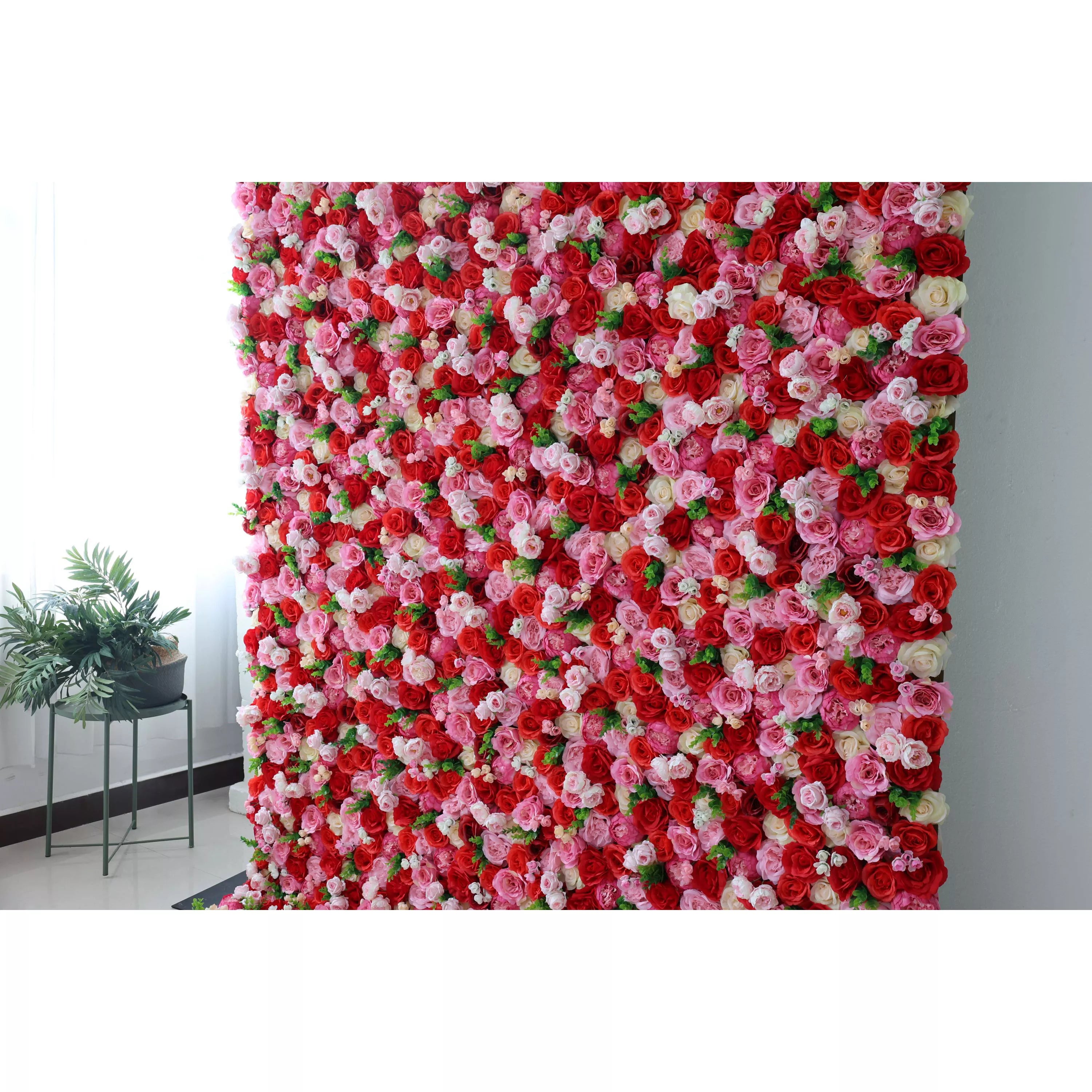 ValarFlowers Artificial Floral Wall Backdrop: Passionate Blooms: A Symphony of Scarlet and Soft Pink-VF-285