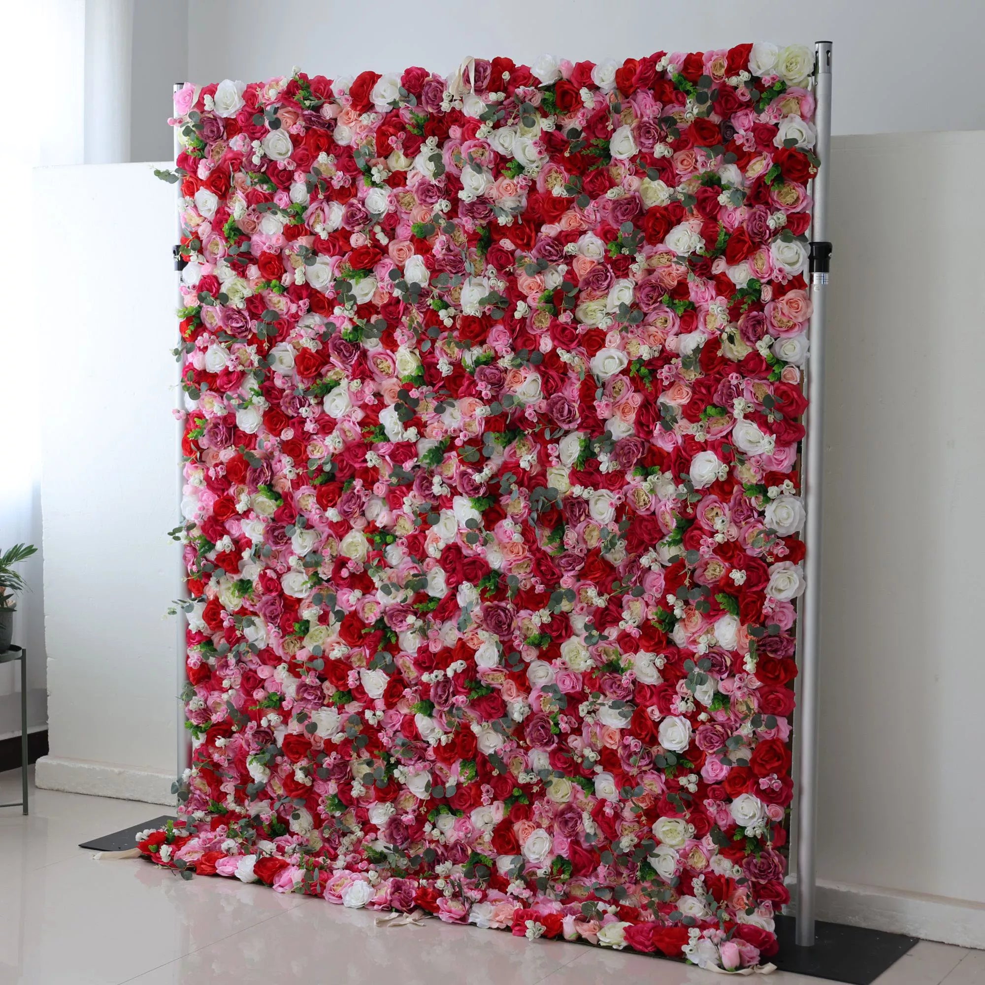 Valar Flowers Roll Up Fabric Artificial Rosewood Red Roses And White Roses With Camo Green LeavesFlower Wall Wedding Backdrop, Floral Party Decor, Event Photography-VF-008