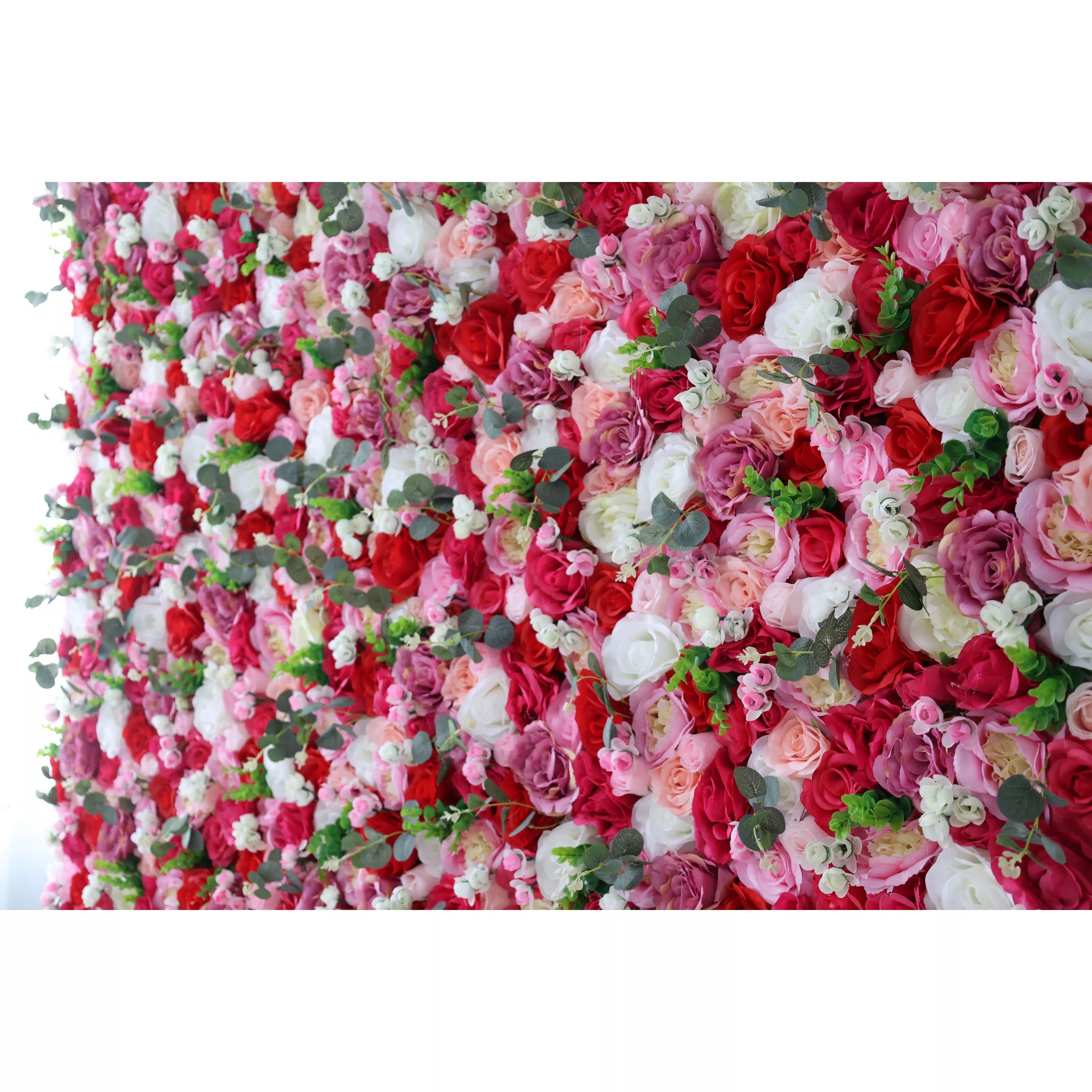 زهور الفالار لفافة قماش من خشب الورد الصناعي ورود حمراء وورود بيضاء مع خضار مموه جدارية للزفاف ، ديكور حفلات زهور ، خلفية للحفلات ، مناسبة