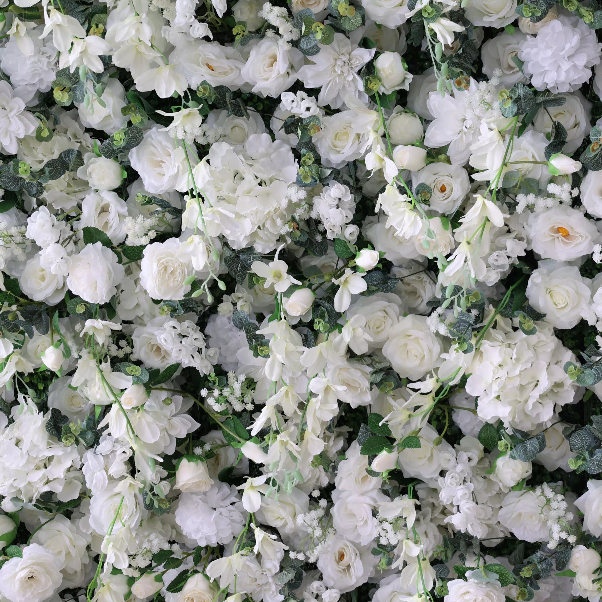Valar Flowers Ethereal White Floral Wall with Soft Green Accents: Perfect for Elegant Events & Celebrations-VF-201