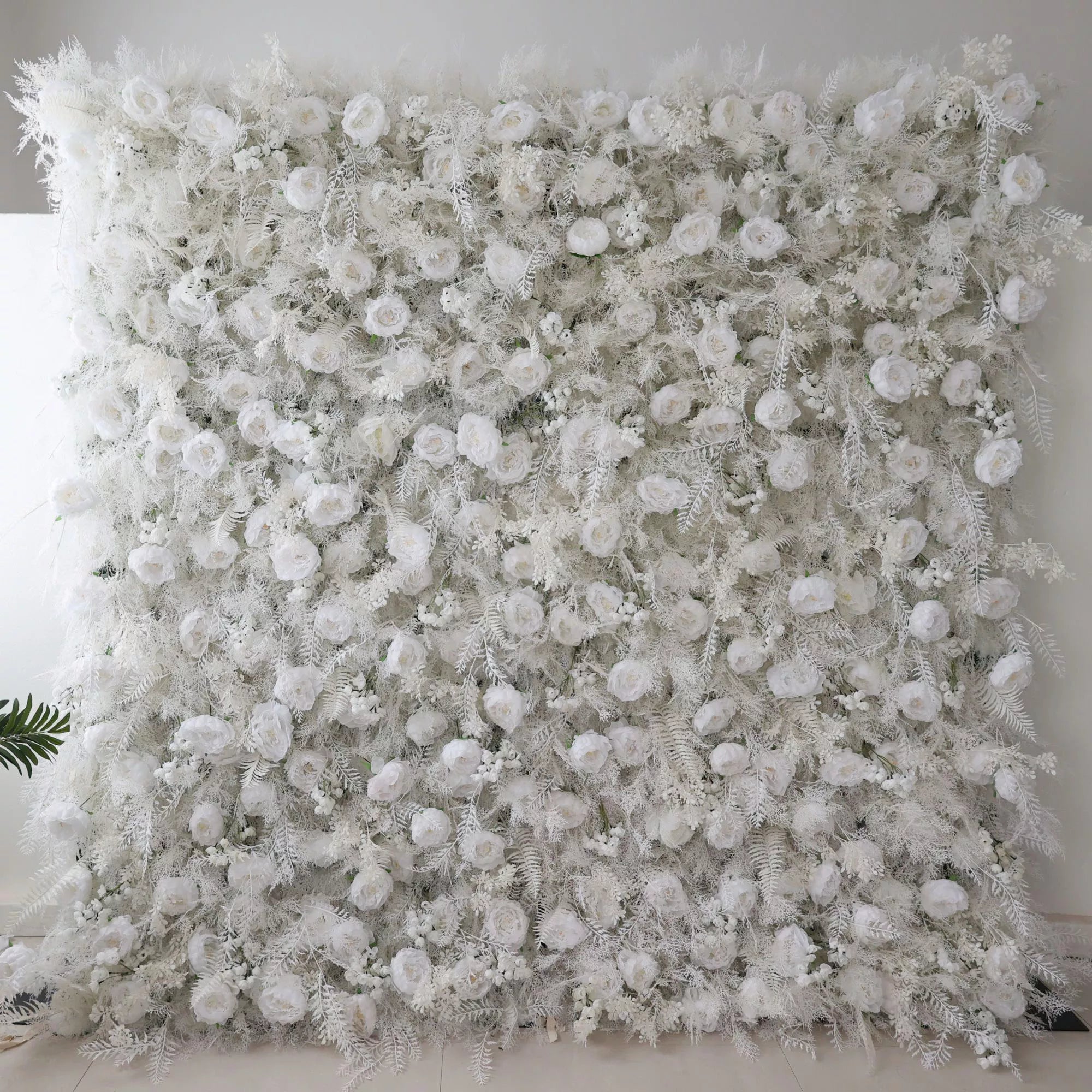 Valar Flowers Snowy White Floral Wall with Frosty Fern Accents: Capturing Winter's Essence for Luxe EventsVF-202