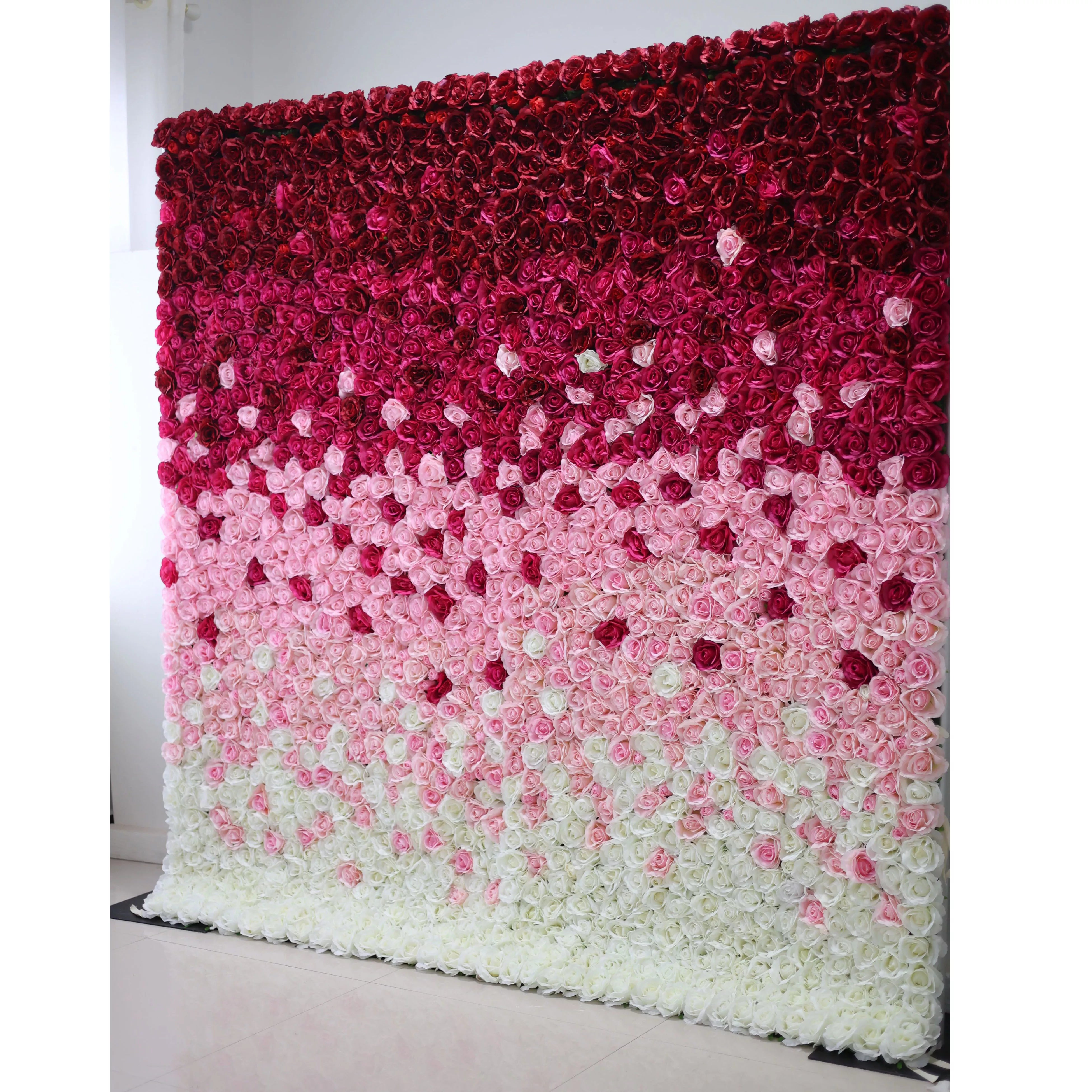 Valar Flowers fabric flower wall with artificial gradient from wine to white, ideal for wedding backdrop, floral party decor, and event photography4