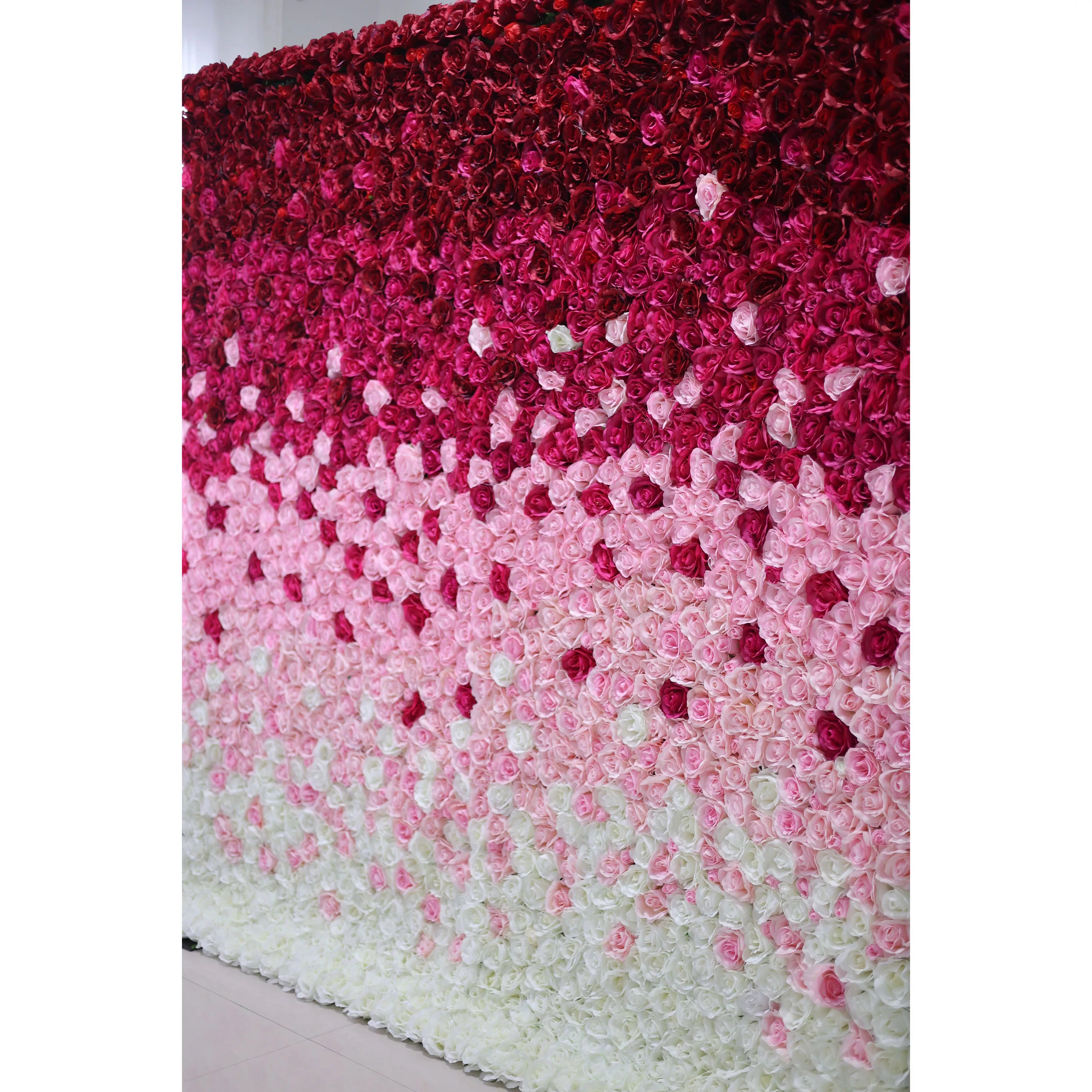 Valar Flowers fabric flower wall with artificial gradient from wine to white, ideal for wedding backdrop, floral party decor, and event photography1