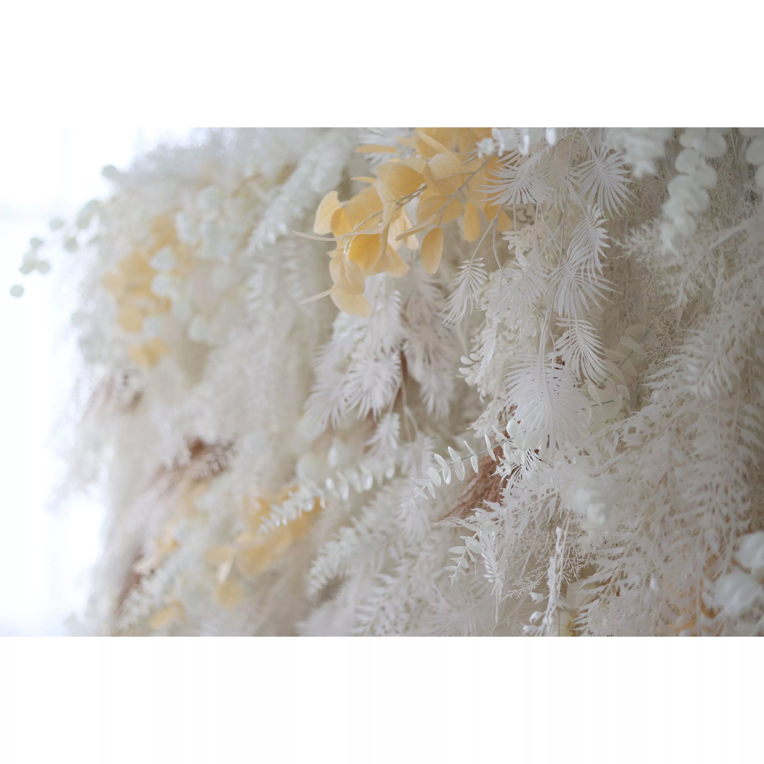 Valar Flower Unveils: The Enchanted Snowscape – A Majestic Artificial Fabric Flower Wall of Wintry Whites and Golden Blooms-VF-208
