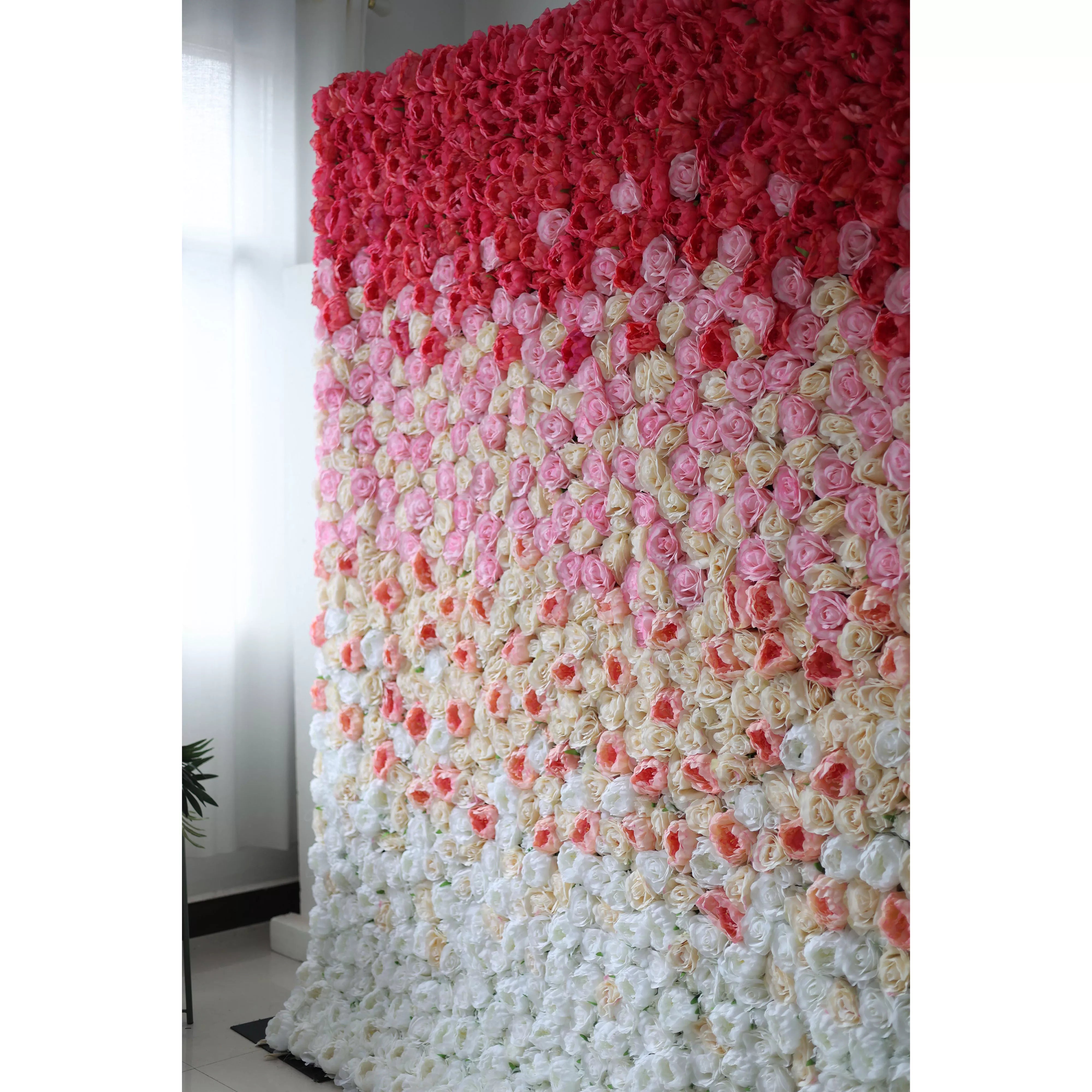 Valar Flowers Roll Up Fabric Artificial Gradient Red to White Flower Wall Wedding Backdrop, Floral Party Decor, Event Photography-VF-035