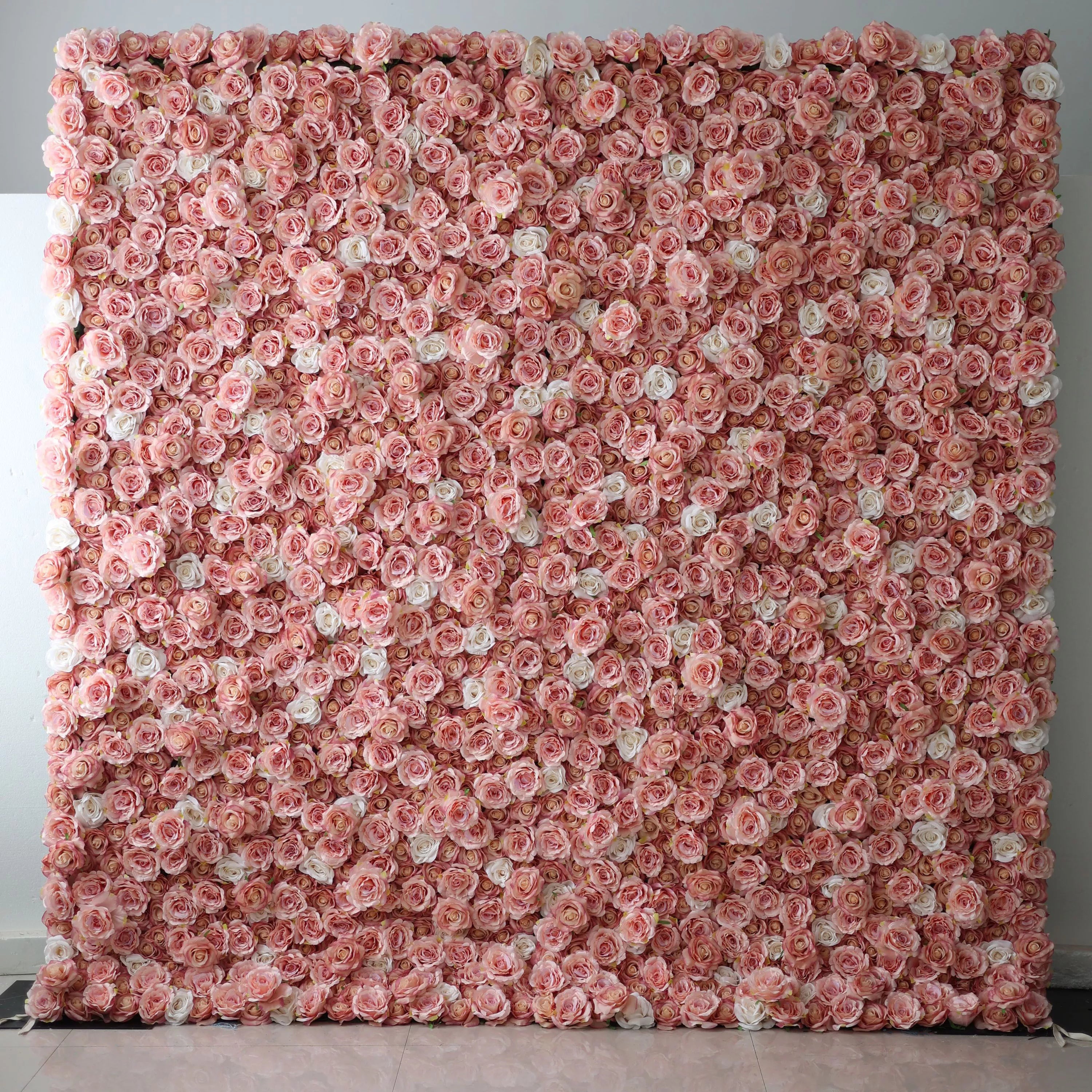 Valar Flowers Roll Up Fabric Artificial Turkish Rose and Oriental Pink and White Flower Wall Wedding Backdrop, Floral Party Decor, Event Photography-VF-054