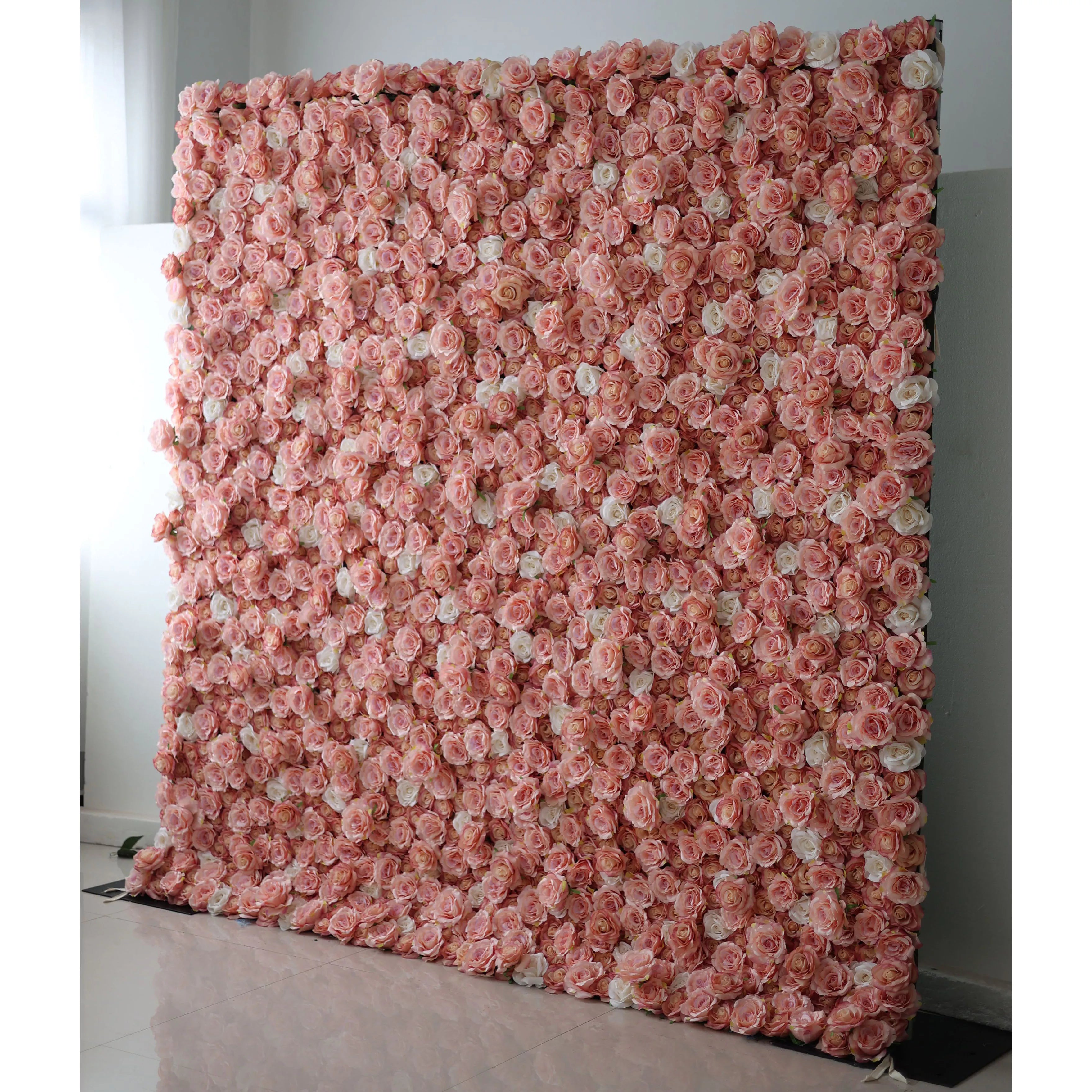 Valar Flowers Roll Up Fabric Artificial Turkish Rose and Oriental Pink and White Flower Wall Wedding Backdrop, Floral Party Decor, Event Photography-VF-054