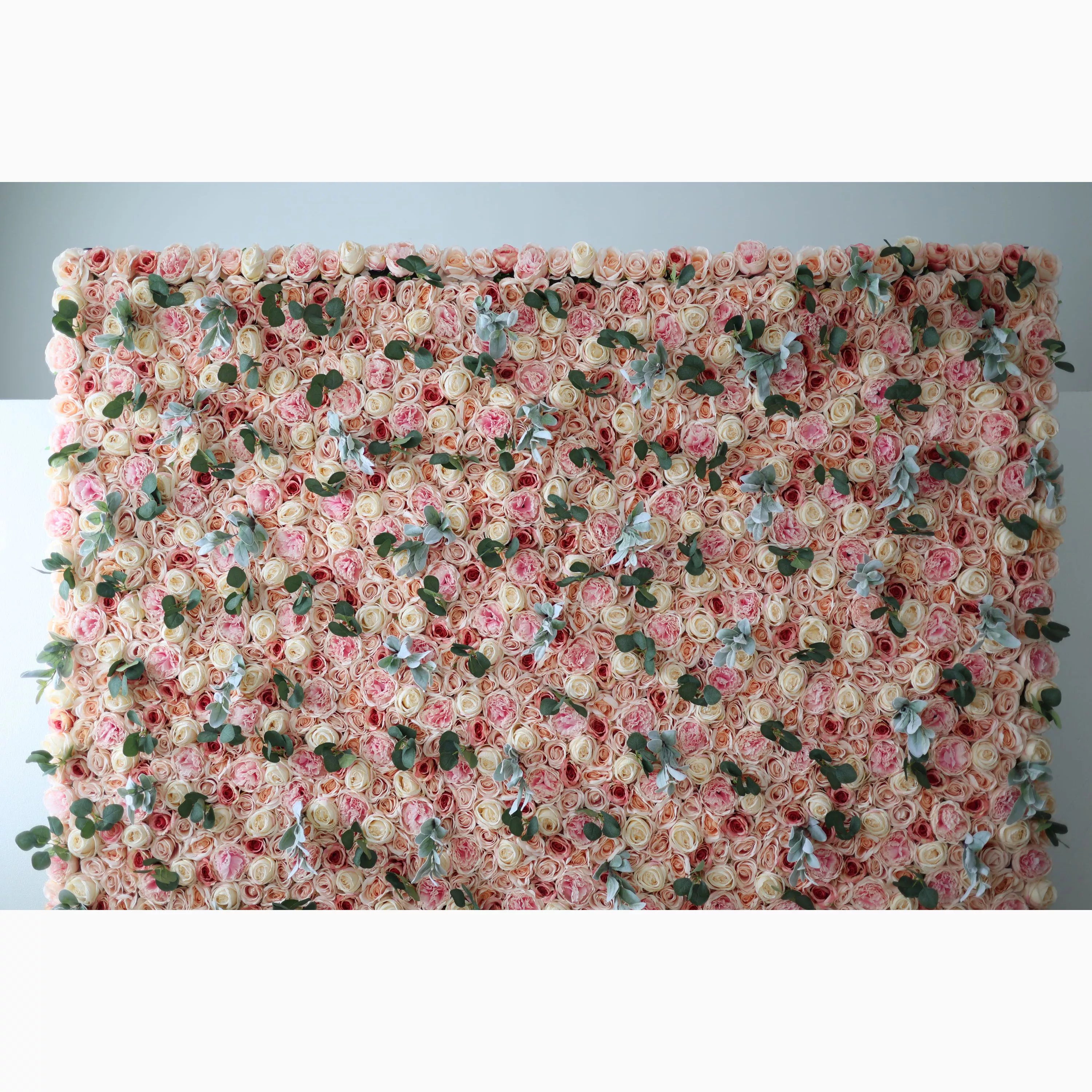 Front view of Valar Flowers' Artificial Fabric Flower Wall: Peach Blossom Euphoria. Dive into rosy blush and creamy peach blooms, crafting an everlasting spring and romantic ambiance.
