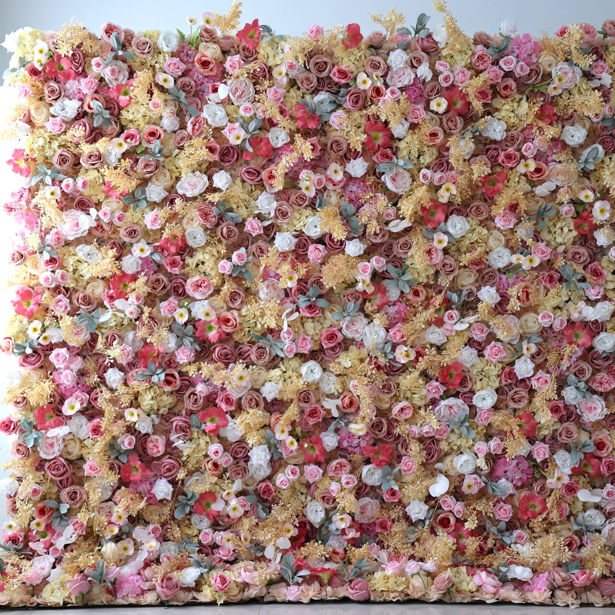 Valar Flowers roll up fabric artificial flower wall for wedding backdrop, floral party decor, and event photography, model VF-3294