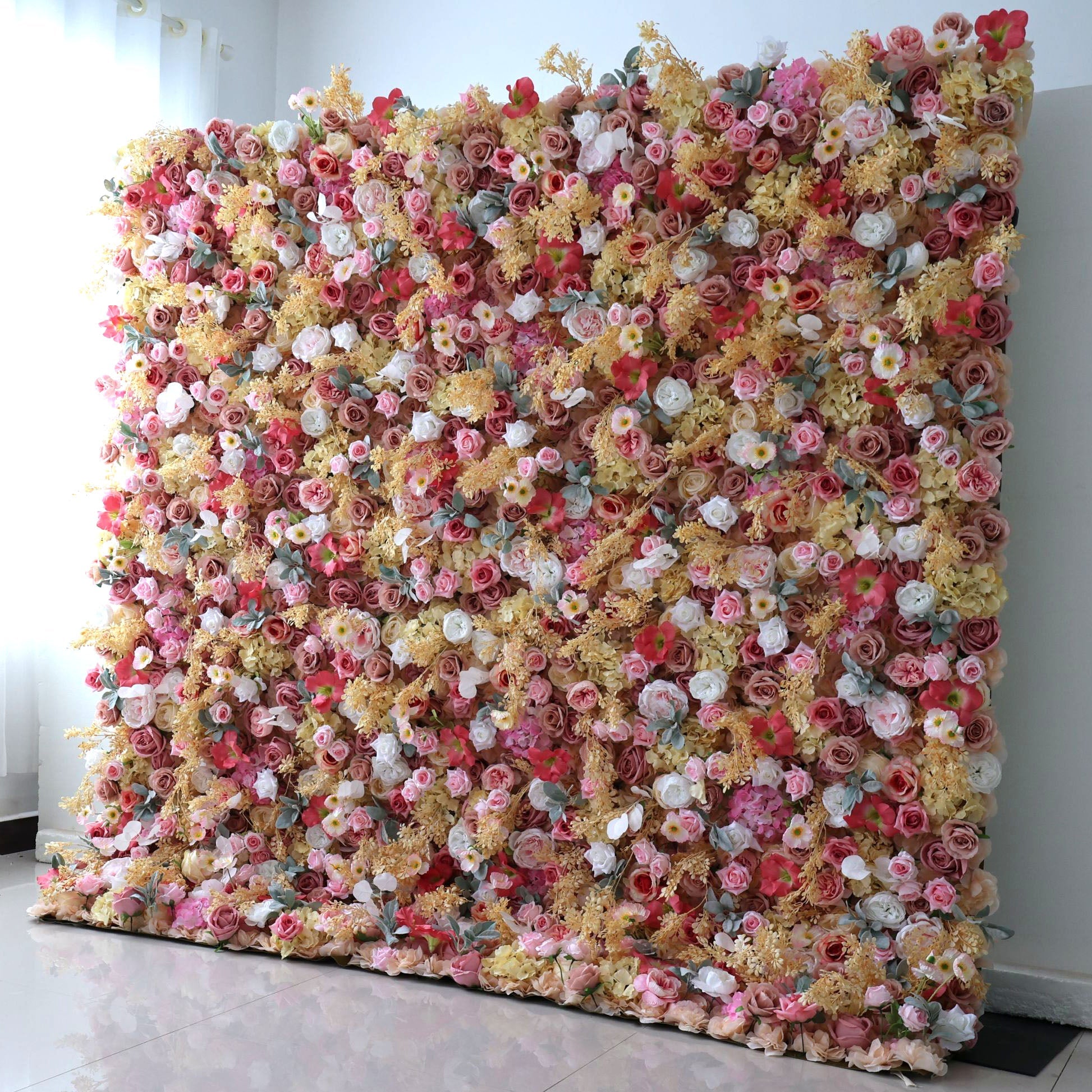 Valar Flowers roll up fabric artificial flower wall for wedding backdrop, floral party decor, and event photography, model VF-3293