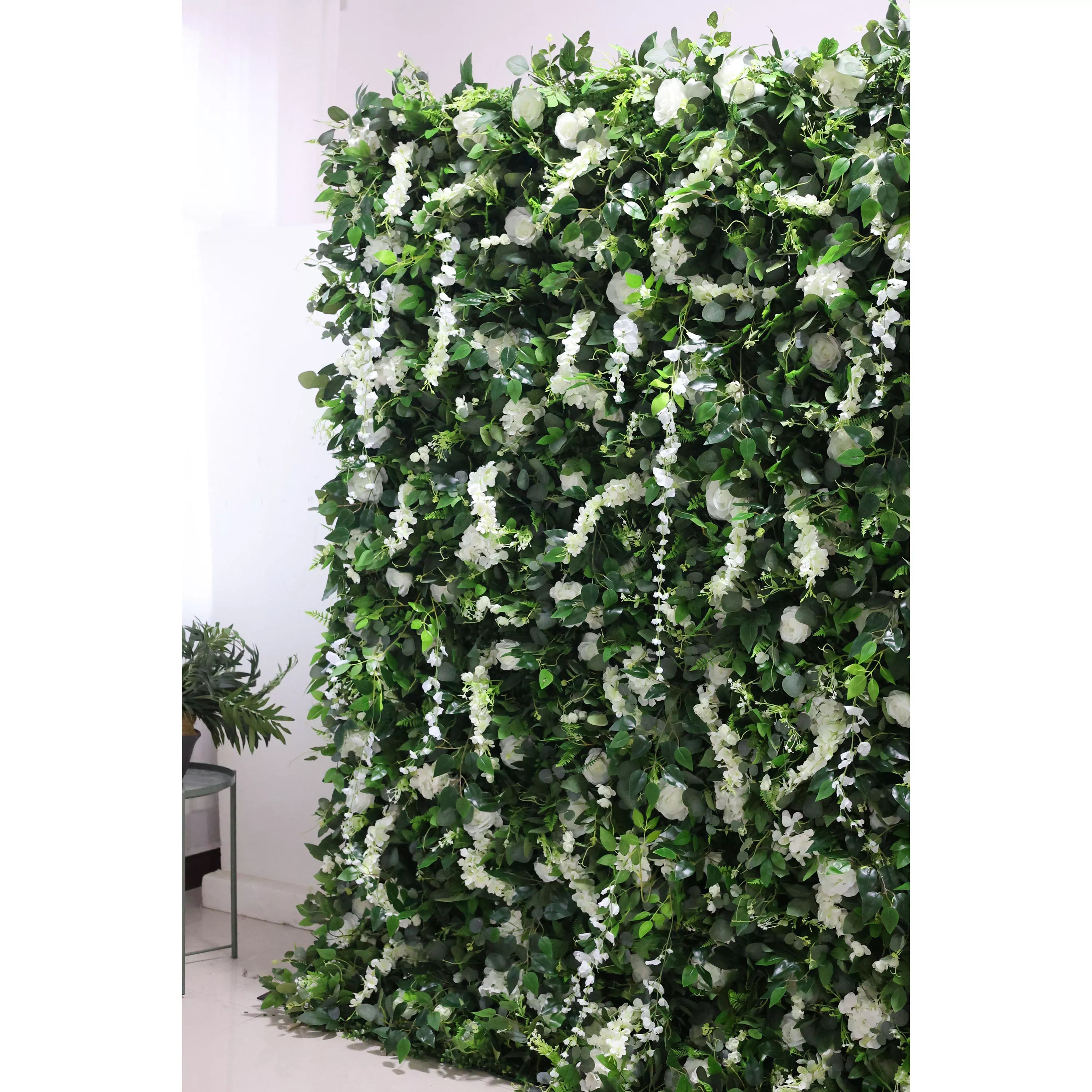 Valar Flowers Roll Up Fabric Artificial White Flower and Vivid Green Leaves Floral Wall Wedding Backdrop, Floral Party Decor, Event Photography-VF-071-3