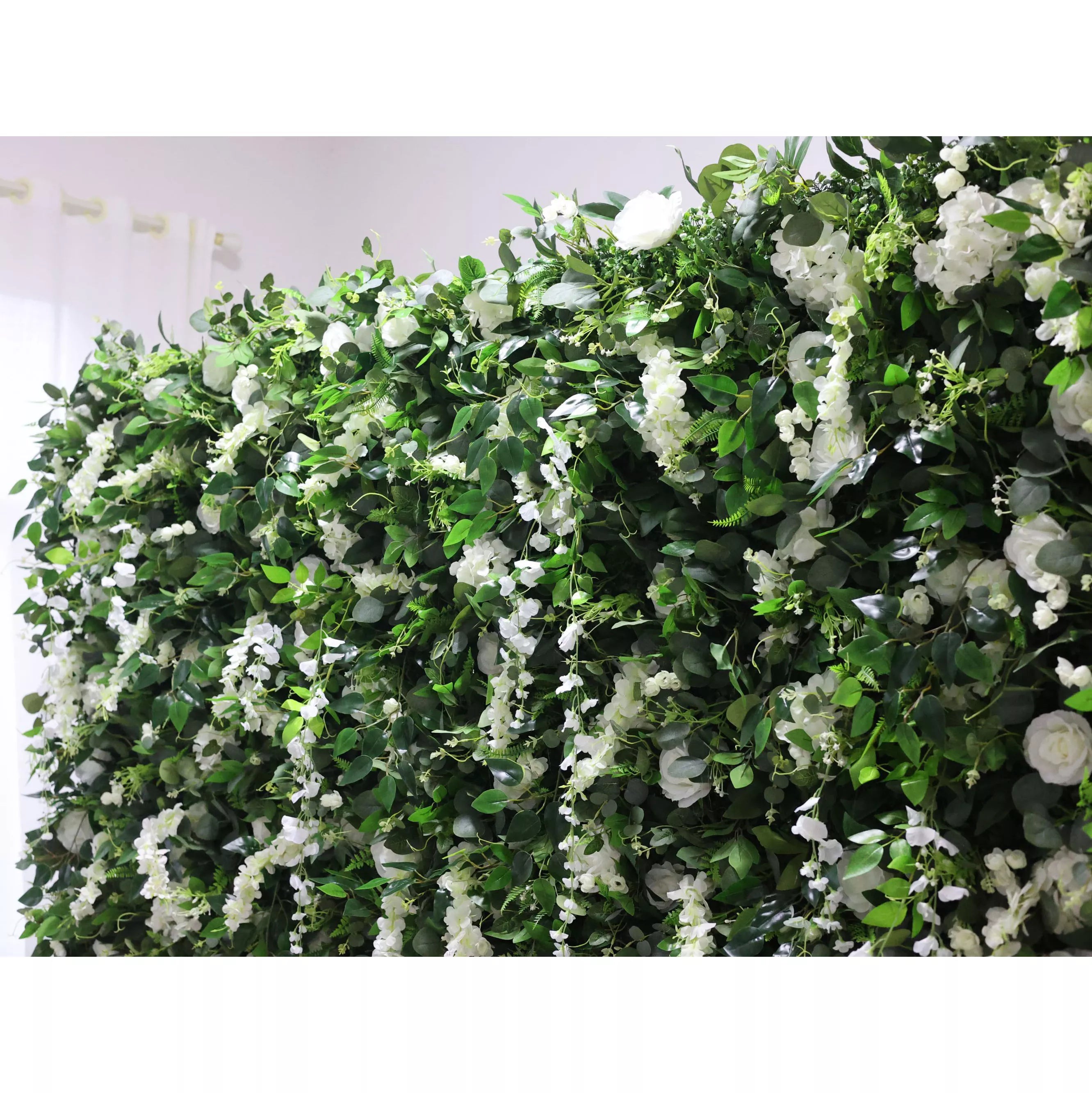Valar Flowers Roll Up Tissu Fleur blanche artificielle et feuilles vertes vives Toile de fond murale florale pour mariage, décoration de fête florale, photographie d'événement -VF-071-3 