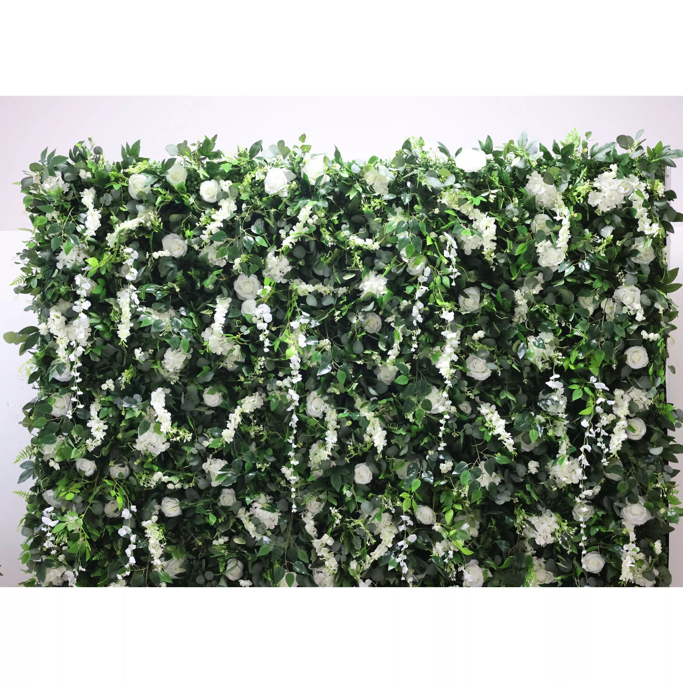 Valar Flowers Roll Up Tissu Fleur blanche artificielle et feuilles vertes vives Toile de fond murale florale pour mariage, décoration de fête florale, photographie d'événement -VF-071-3 