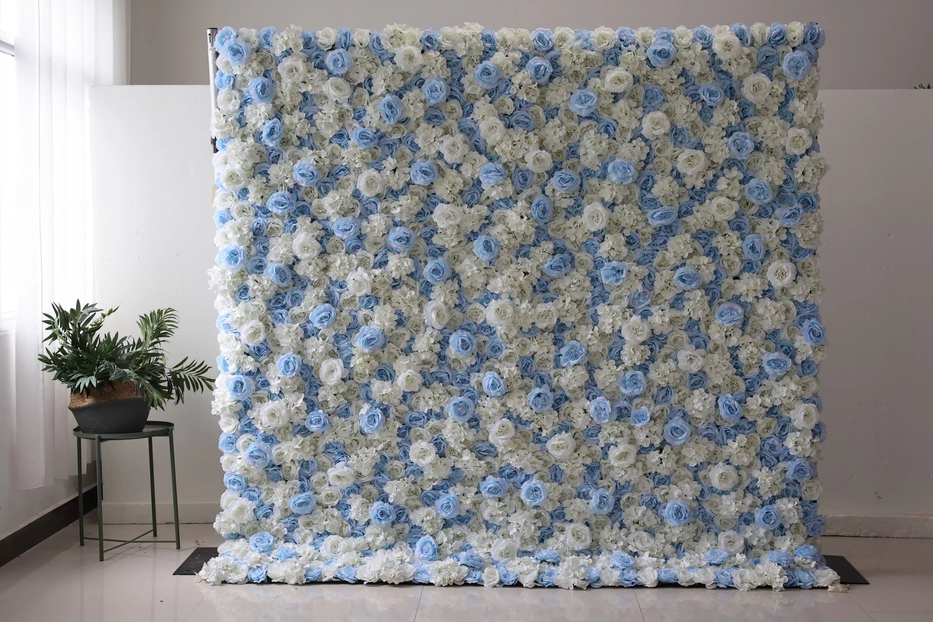 Valar Flowers Roll Up Fabric Artificial Flower Baby Blue and White Wall Wedding Backdrop, Floral Party Decor, Event Photography-VF-025