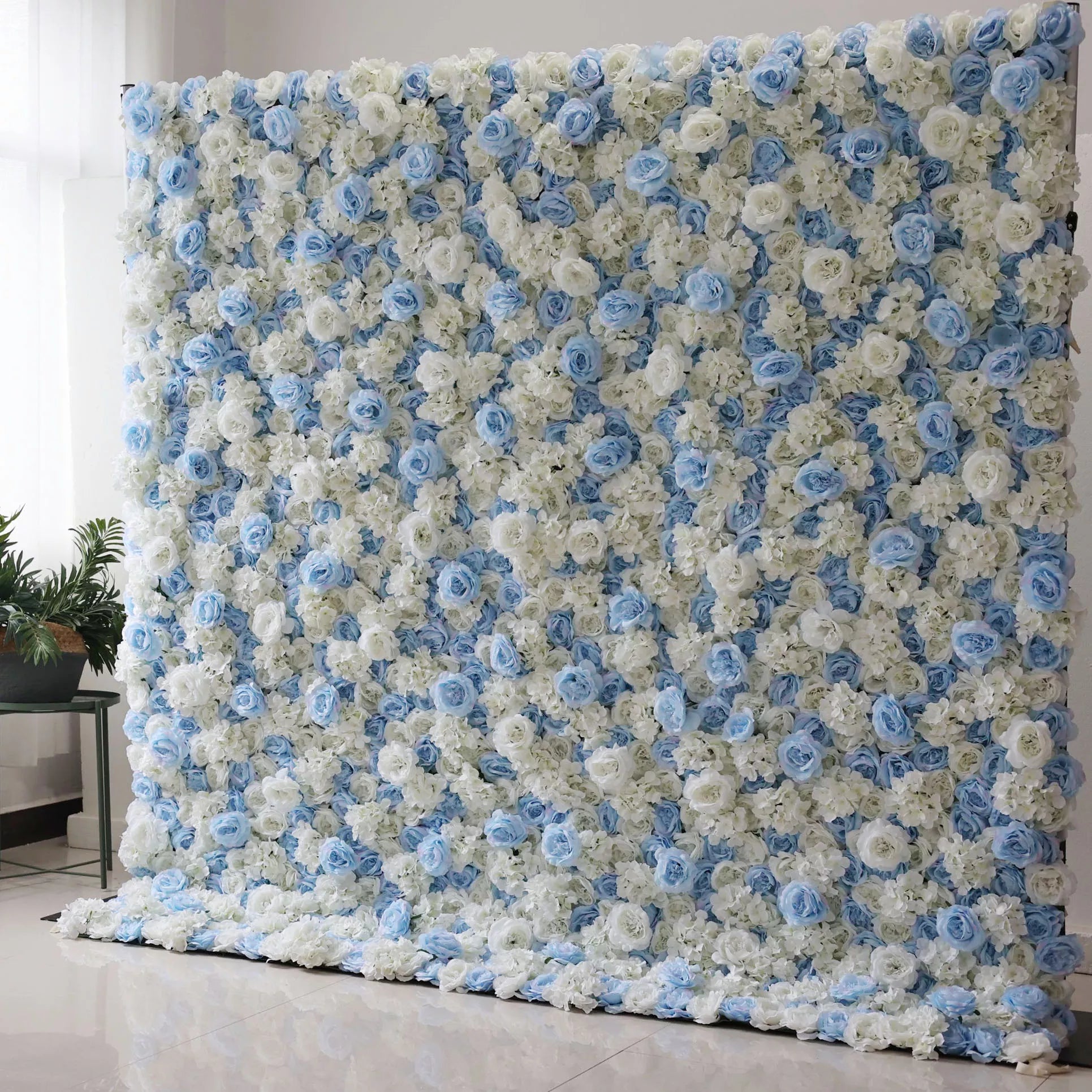 Valar Flowers Roll Up Fabric Fleur artificielle Bébé Bleu et Blanc Mur Toile de fond de mariage, Décor de fête florale, Photographie d’événement-VF-025 
