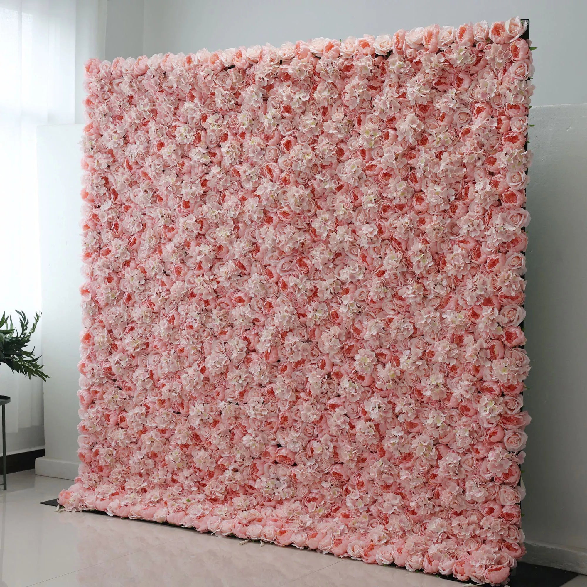 Valar Flowers artificial rose flower wall backdrop in fog and deep chestnut for wedding and event decor2