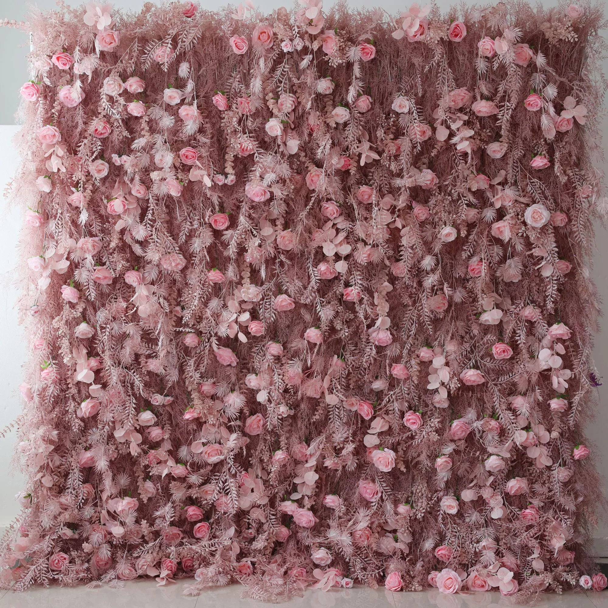 Blushing Pink Blossom Wall with Frosted Fern Accents: Romance Meets Whimsy for Sophisticated Celebrations-VF-202-3
