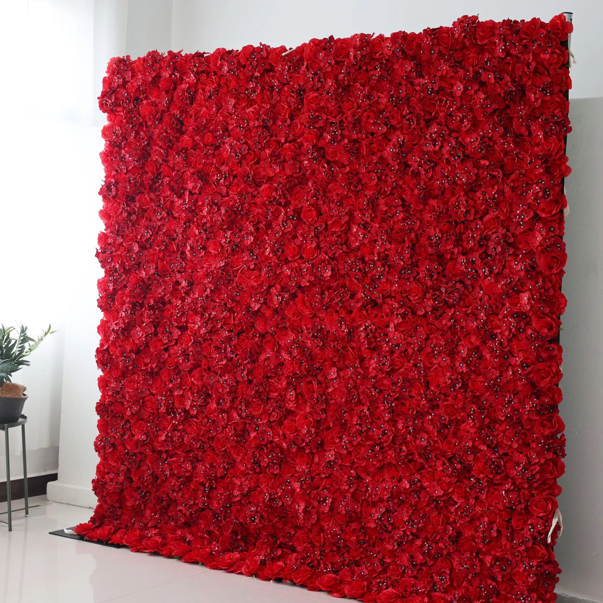 Valar Flowers Roll Up Artificial Flower Wall Backdrop in Radiant Red Rhapsody for Passionate Gatherings and Intimate Affairs - VF-2321