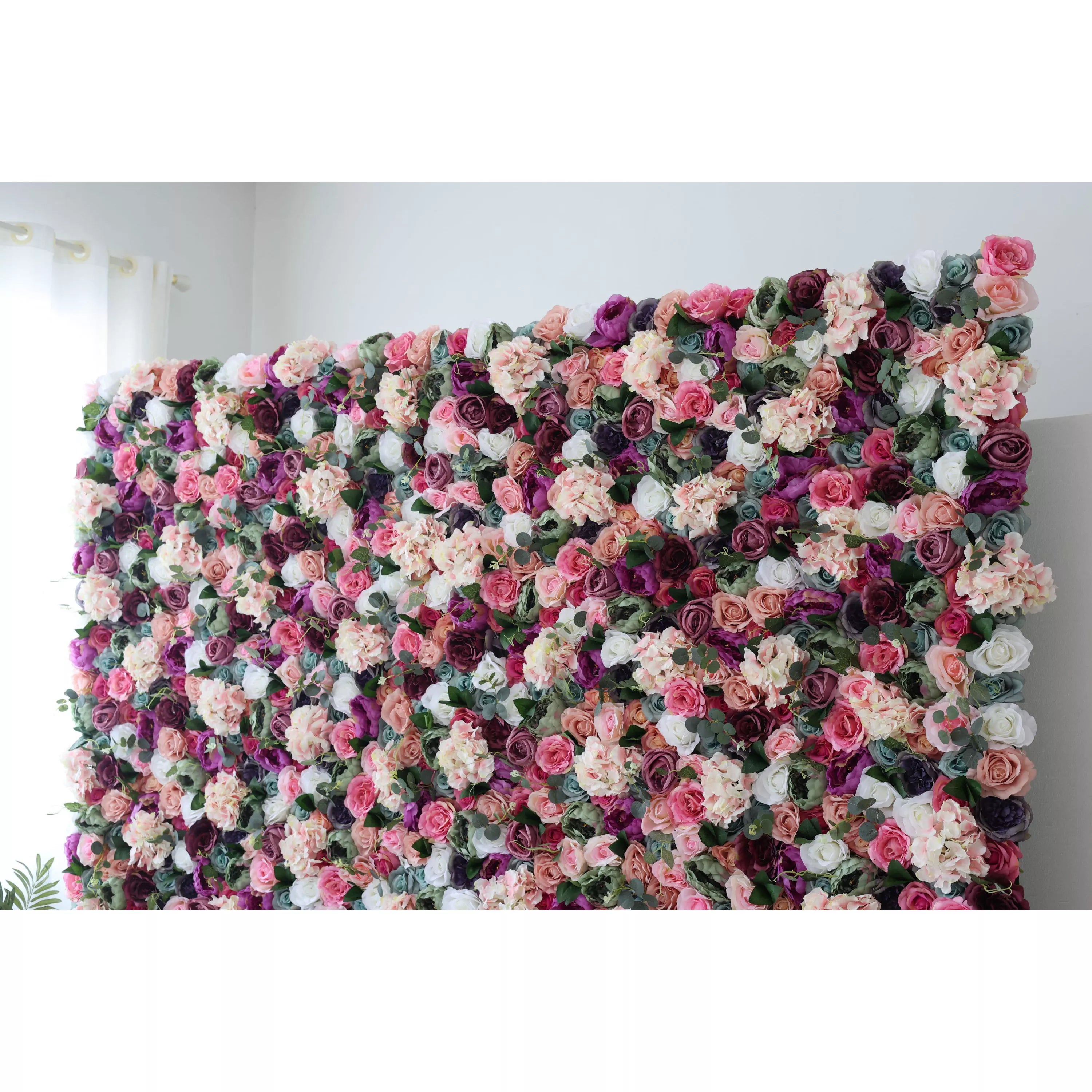 Valar Flowers artificial mixed floral fabric backdrop with eggplant purple and white colors for weddings and events - VF-0800