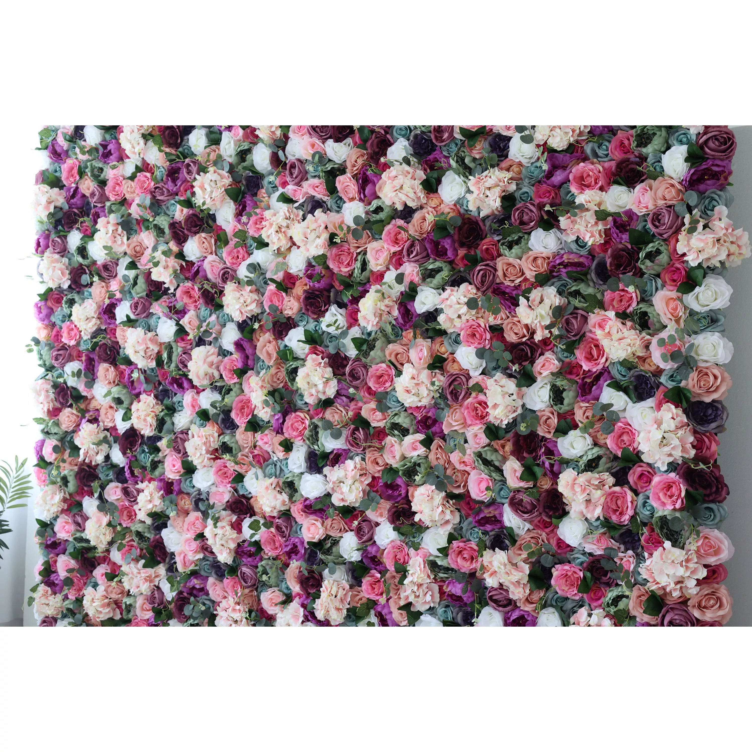 Valar Flowers artificial mixed floral fabric backdrop with eggplant purple and white colors for weddings and events - VF-0802
