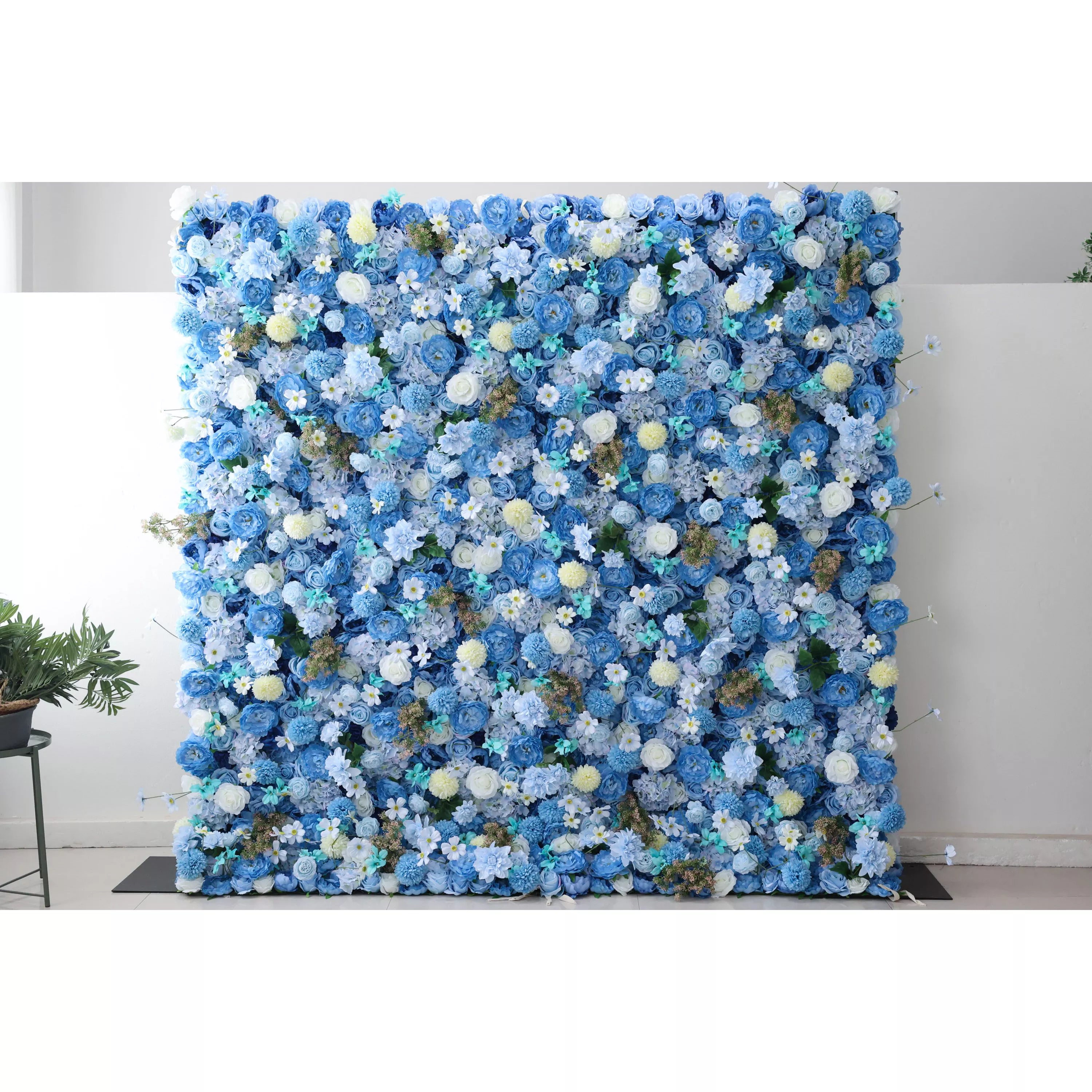 Valar Flowers Introduces: Azure Harmony – A Serene Symphony of Blue & Pale Yellow Fabric Blooms – Ideal Floral Wall for Nautical Themes, Events & Tranquil Interior Ambiances-VF-219-2