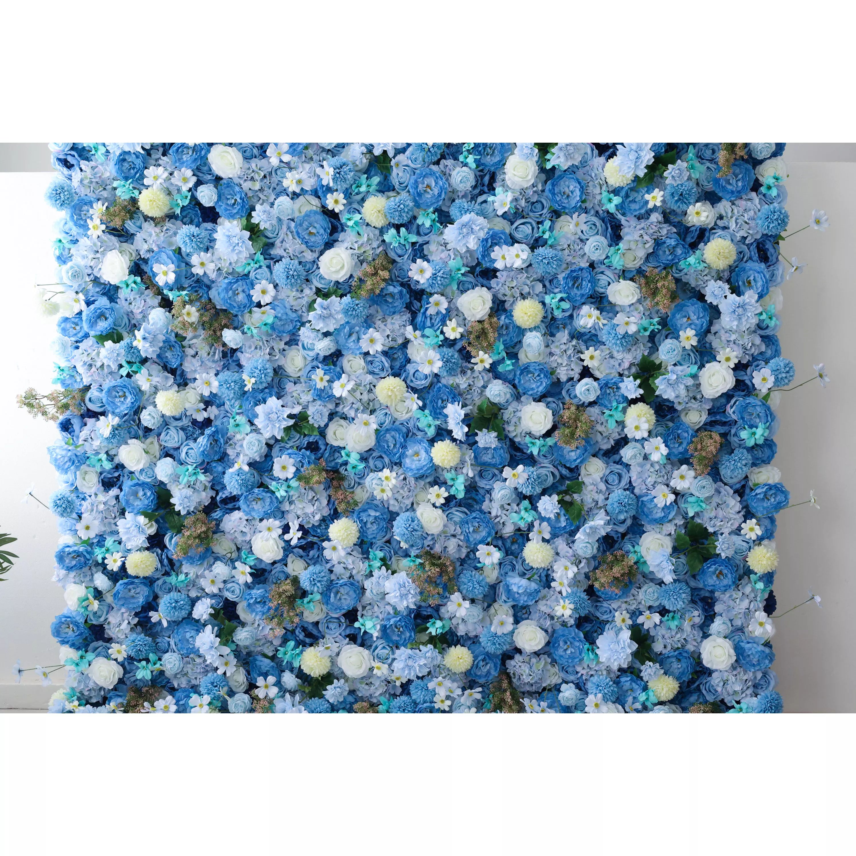 Valar Flowers présente : Azure Harmony – Une symphonie sereine de fleurs en tissu bleu et jaune pâle – Mur floral idéal pour les thèmes nautiques, les événements et les ambiances intérieures tranquilles-VF-219-2