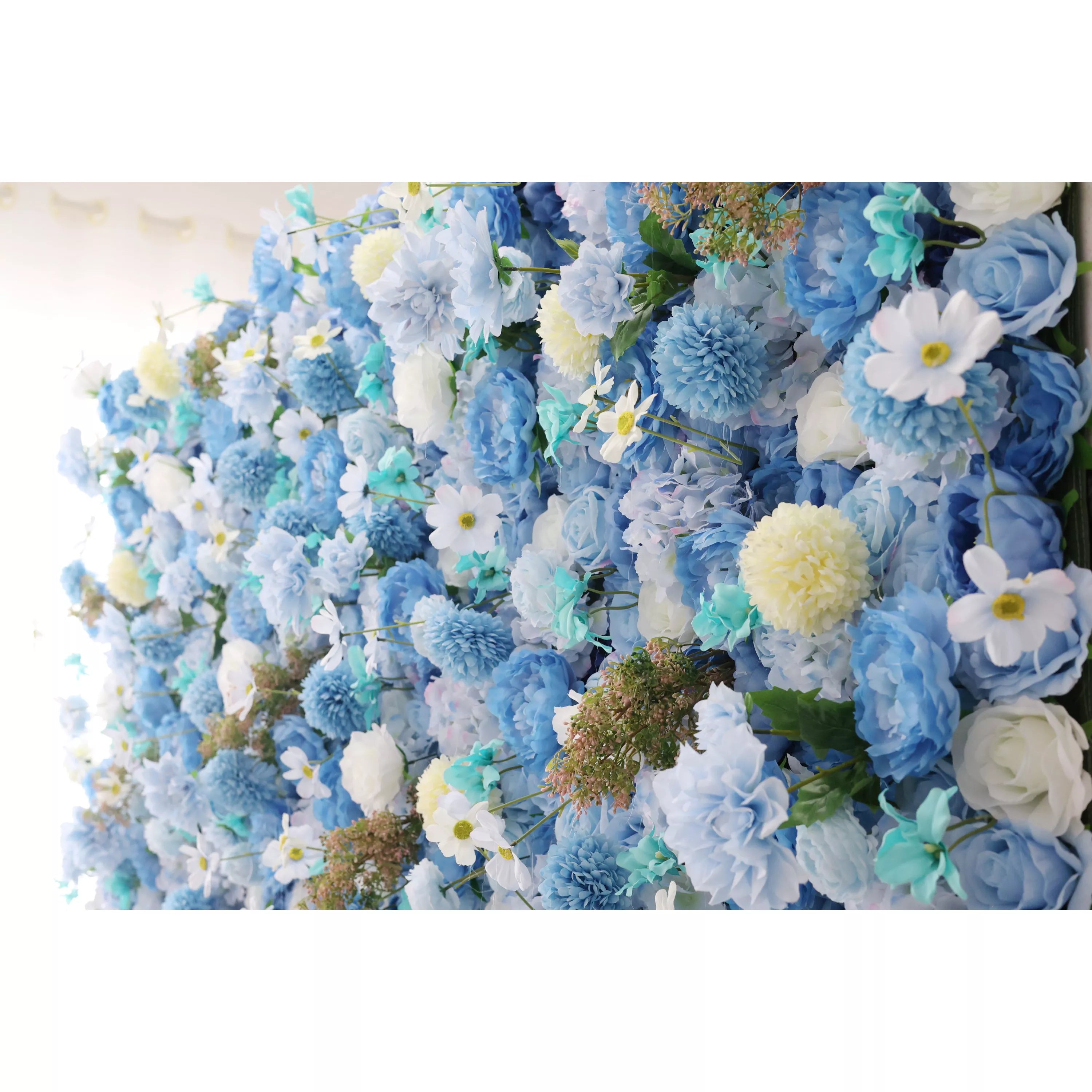 Valar Flowers Introduces: Azure Harmony – A Serene Symphony of Blue & Pale Yellow Fabric Blooms – Ideal Floral Wall for Nautical Themes, Events & Tranquil Interior Ambiances-VF-219-2
