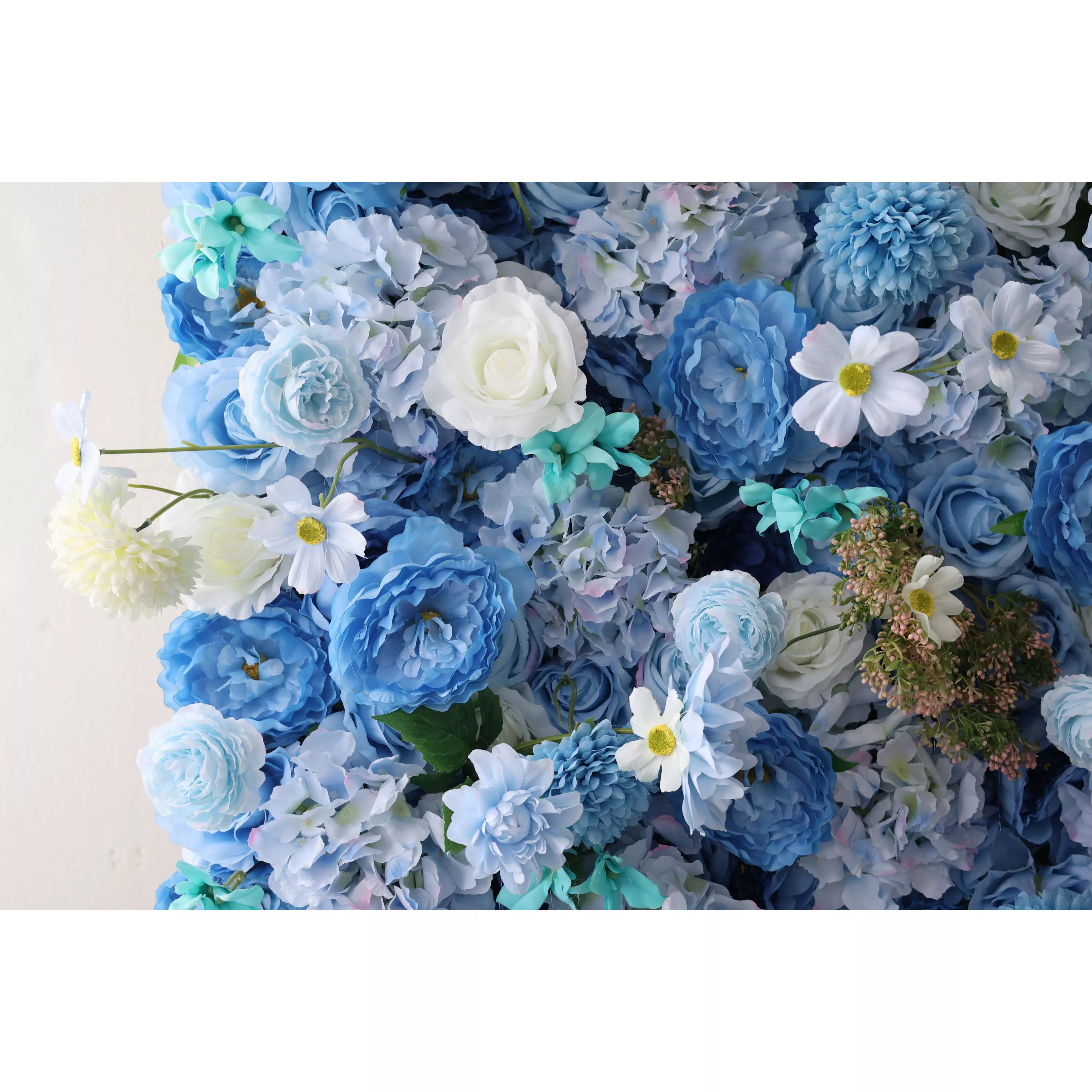 Valar Flowers présente : Azure Harmony – Une symphonie sereine de fleurs en tissu bleu et jaune pâle – Mur floral idéal pour les thèmes nautiques, les événements et les ambiances intérieures tranquilles-VF-219-2