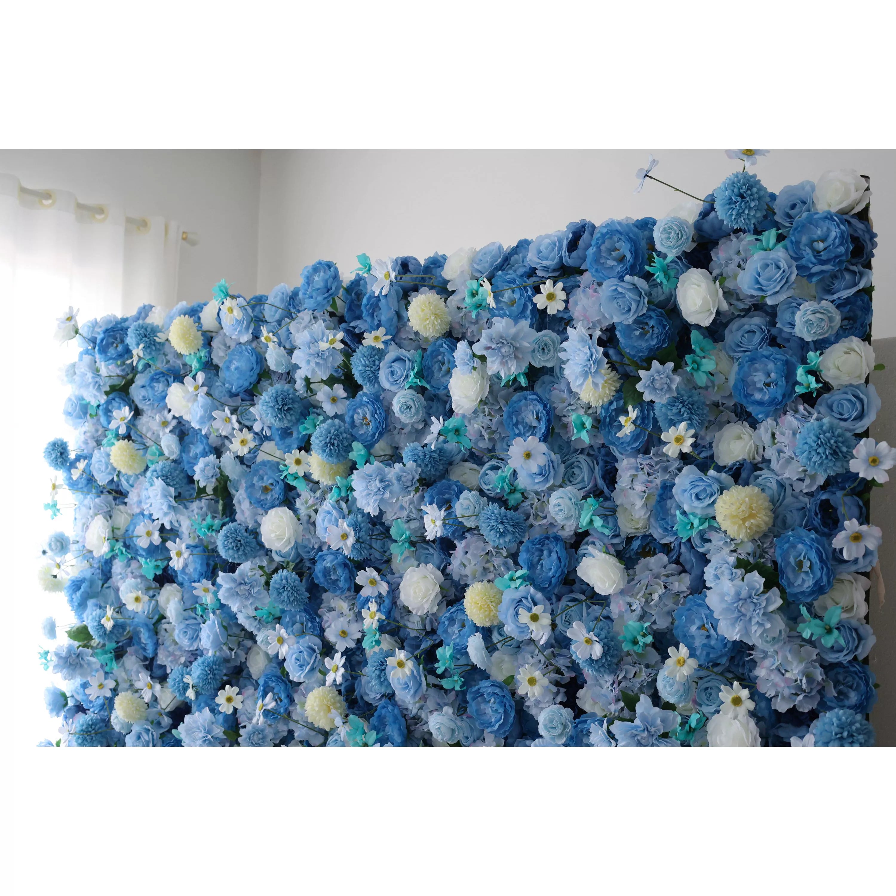 Valar Flowers Showcases: Cerulean Dreamscape – A Lush Canvas of Rich Blue & Creamy White Fabric Blossoms – Premier Floral Wall for Seaside Events, Gatherings & Coastal-Inspired Interiors-VF-219-3