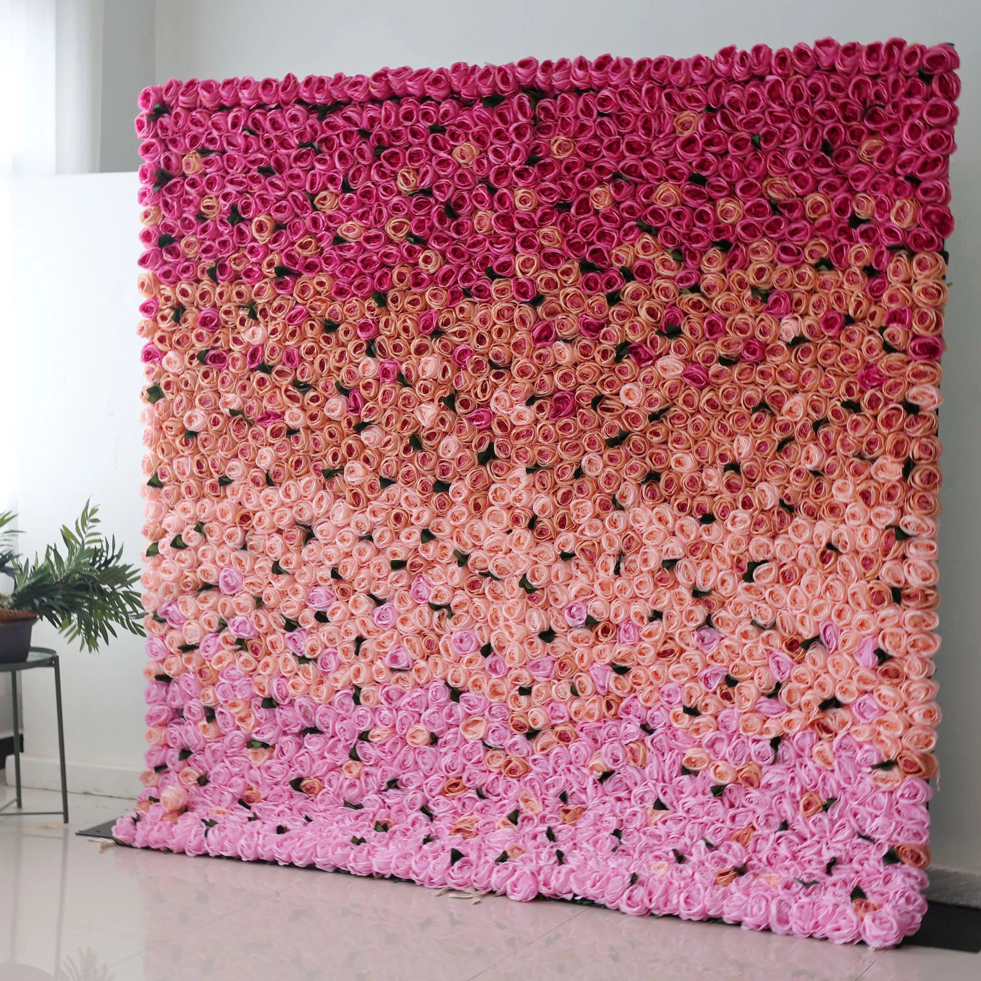 Valar Flowers Roll Up Backdrop: Embrace the enchantment of the Radiant Rose Gradient. Transitioning from deep fuchsia to tender blush, it's a floral fantasy of pink. A Valar masterpiece for unforgettable events.