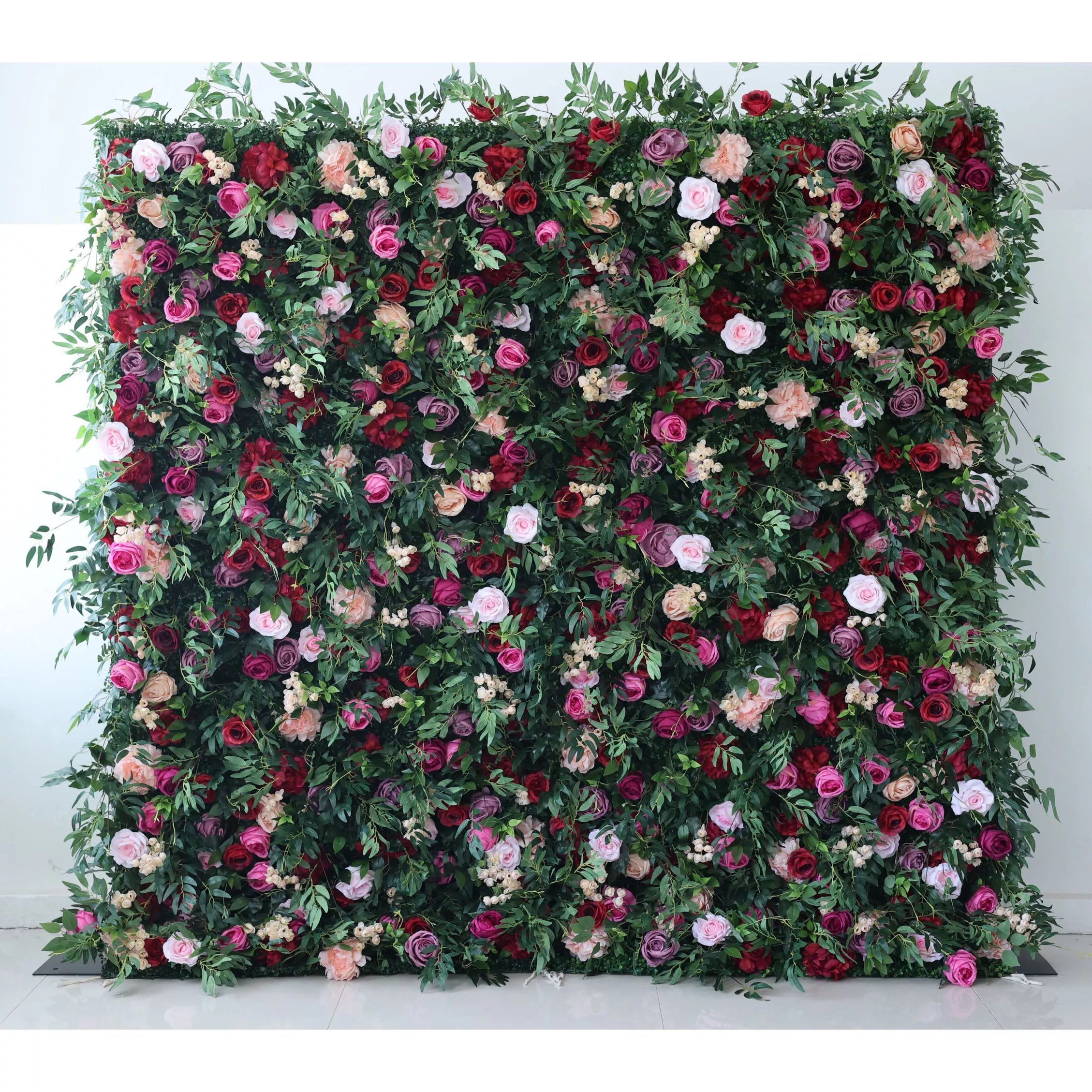 Valar Flowers artificial green mixed with pink, purple, and white roll up fabric floral wall backdrop5